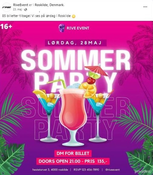 Rive Event har fået kritik af Alkoholreklamenævnet for dette opslag om et Sommerparty i Roskilde tidligere i år, fordi de farverige cocktails kombineret med angivelsen “16+” ses som en reklame for alkohol rettet mod unge.