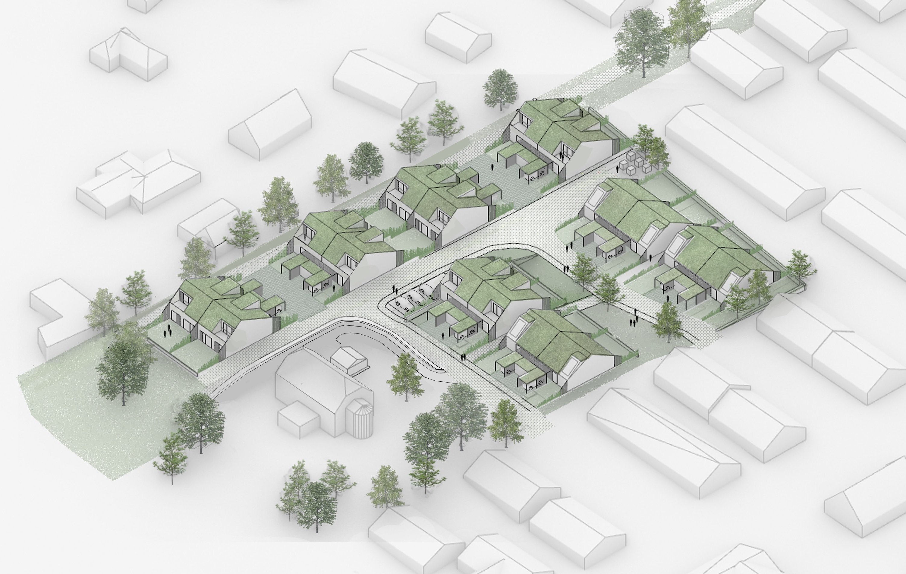 Otte dobbelthuse - 16 boliger i alt - de 10 i to etager - er på vej - ifølge principper for et kommende byggeri på Færgevel 53. Illustration: Frederikssund Kommune