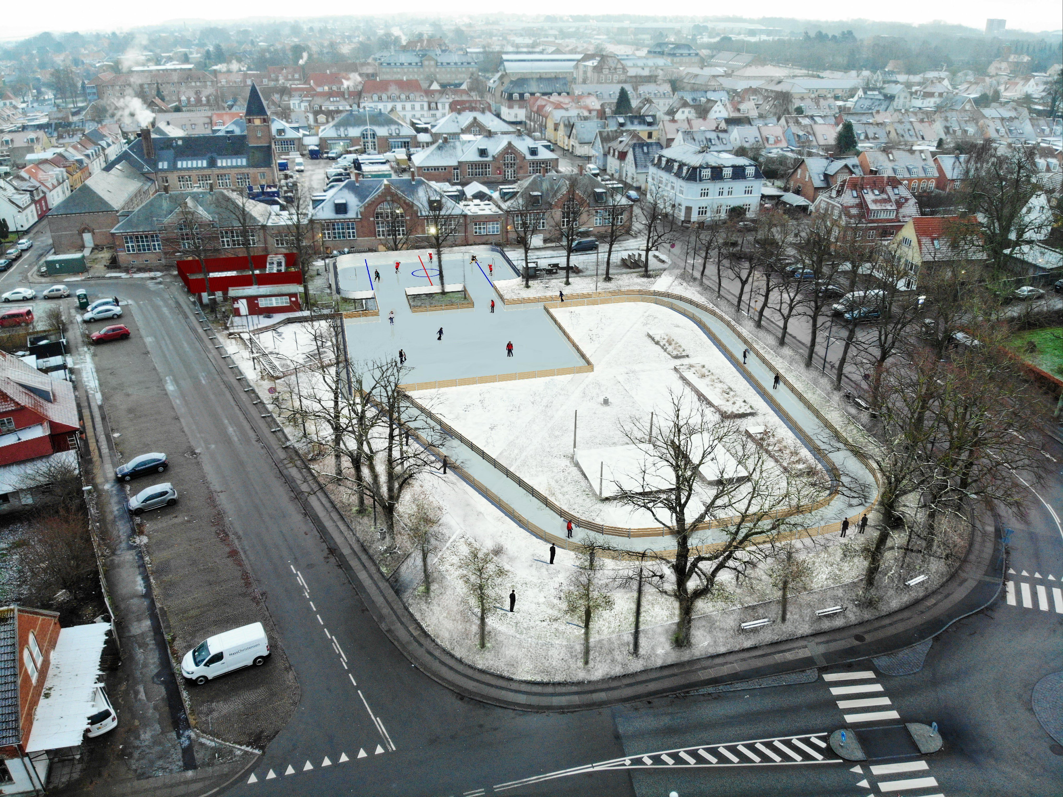 Sådan kommer det ny skøjteanlæg på markedspladsen til at tage sig ud. Visualisering: Sidesporet.