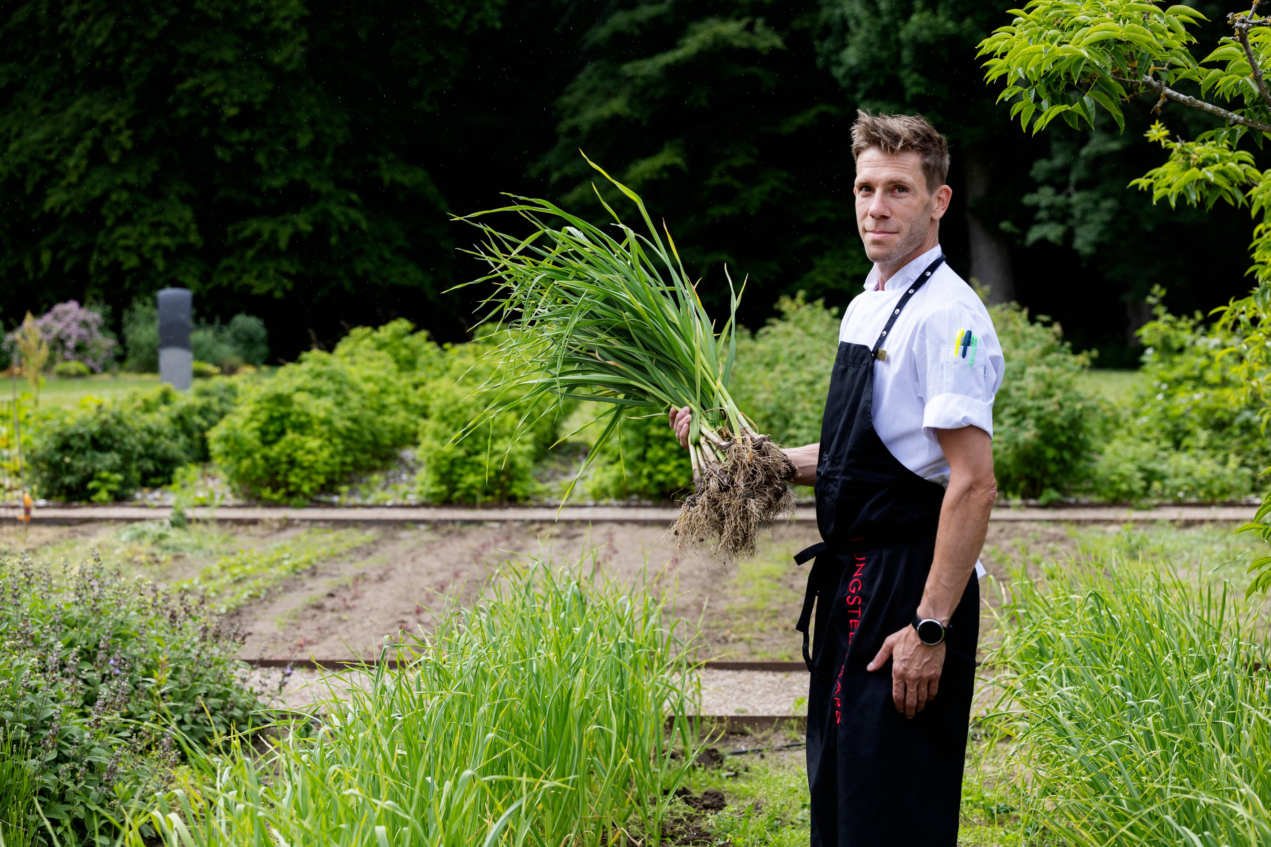 Fredrik Olsson, der er souschef i køkkenet på Rungstedgaard, fortæller, at mere jord omkring hotellet er blevet godkendt til økologi. Foto: Presse