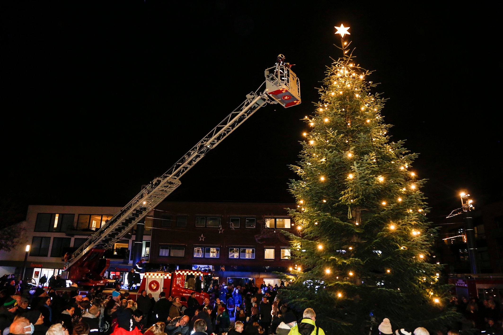 Det store juletræ i Taastrup Bymidte midt på Taastrup Hovedgade tændes samtidig med gadens øvrige julebelysning.