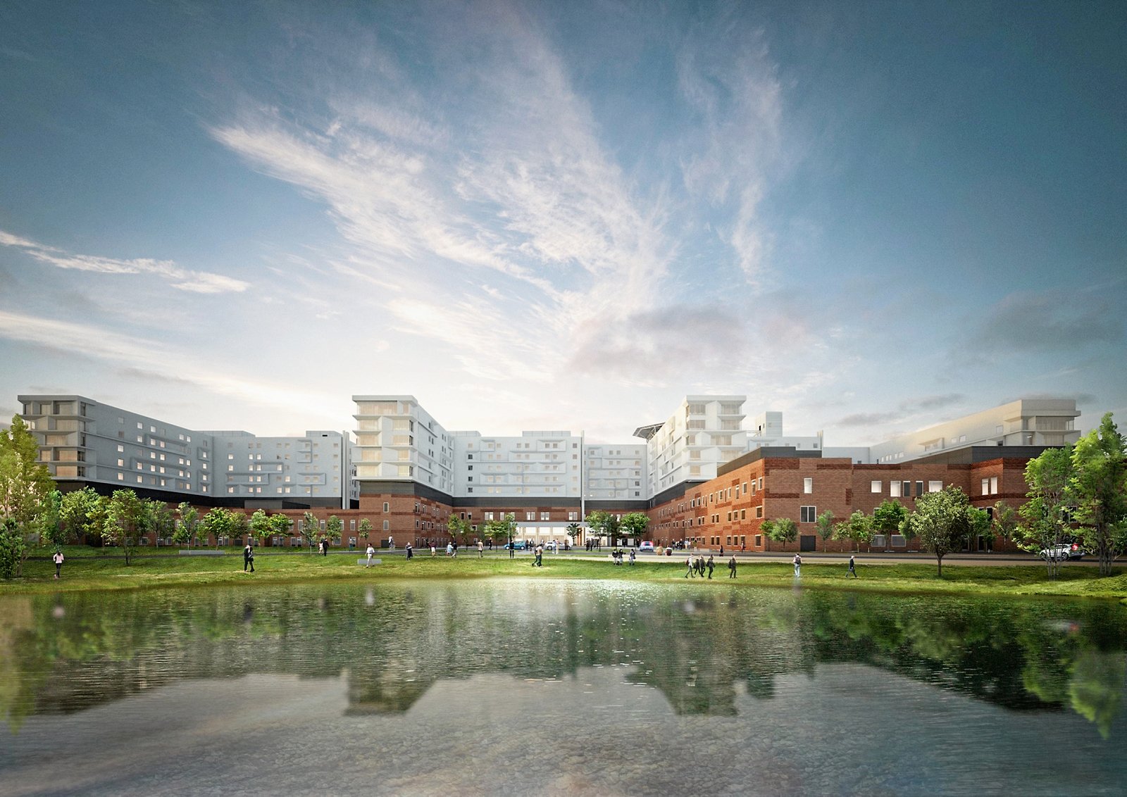 Sådan skal det nye universitetshospital i Køge ses ud efter planen. I skrivende stund er byggeriet yderst til venstre færdigt, mens hele byggeriet først er endeligt klart i efteråret 2027.