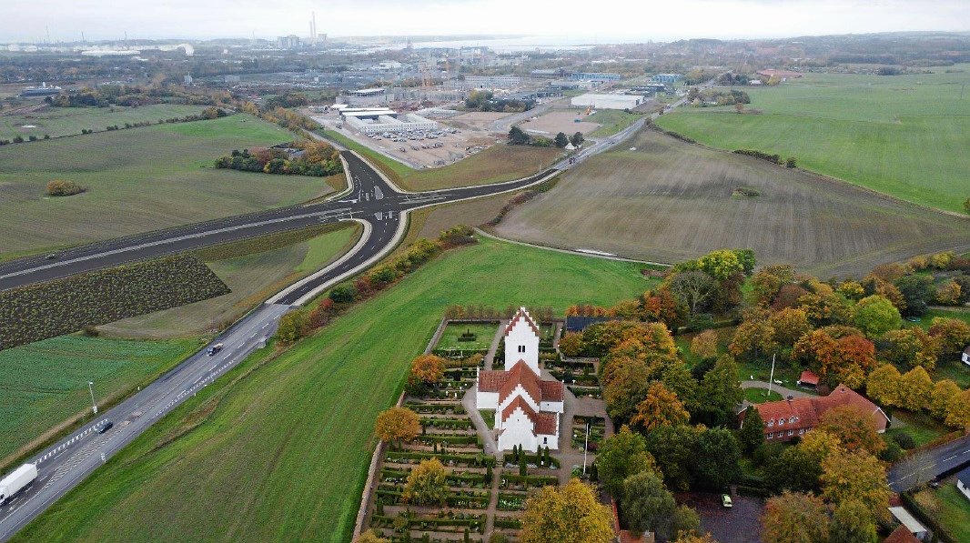 Her ses en visualisering af, hvordan det firbenede kryds vil se ud, når motorvejen står færdig.