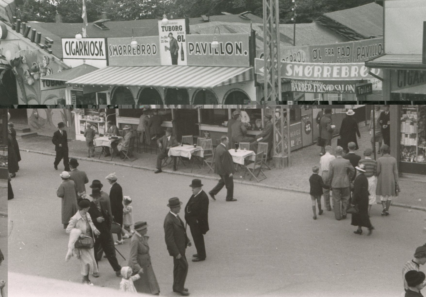 Stemningsbillede fra en varm sommerdag på Dyrehavsbakken ved Smørrebrødspavillonen, ca. 1932.