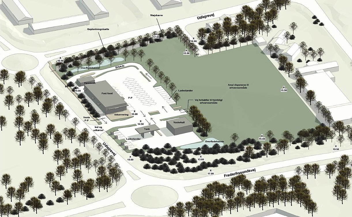 Her ses én af de tidligere skitse-tegninger for det mulige erhvervsprojekt på den tidligere planteskolegrund i Ølstykke. Planerne lægger op til en fastfoodrestaurant, energistation og nu også mobilmast i Ølstykke. Nu er næste skridt en politisk behandling og en otte ugers høring.