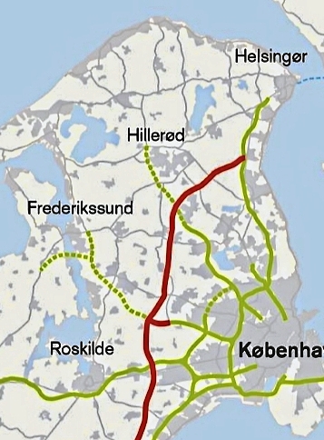 RIng 5 forløbet. Korridoren er omkring en-to kilometers bredde på hele strækningen. - kort RIng 5 forløbet. Korridoren er omkring en-to kilometers bredde på hele strækningen.