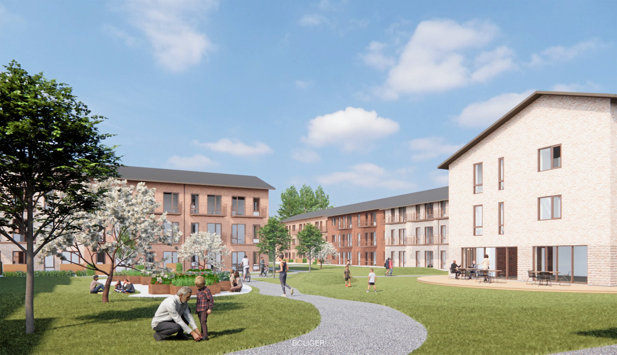 Visualisering af hvordan et nyt boligprojekt ved Klosterlunden i Kalundborg kan komme til at se ud. Projektet består af seks etageejendomme med i alt 123 boliger.