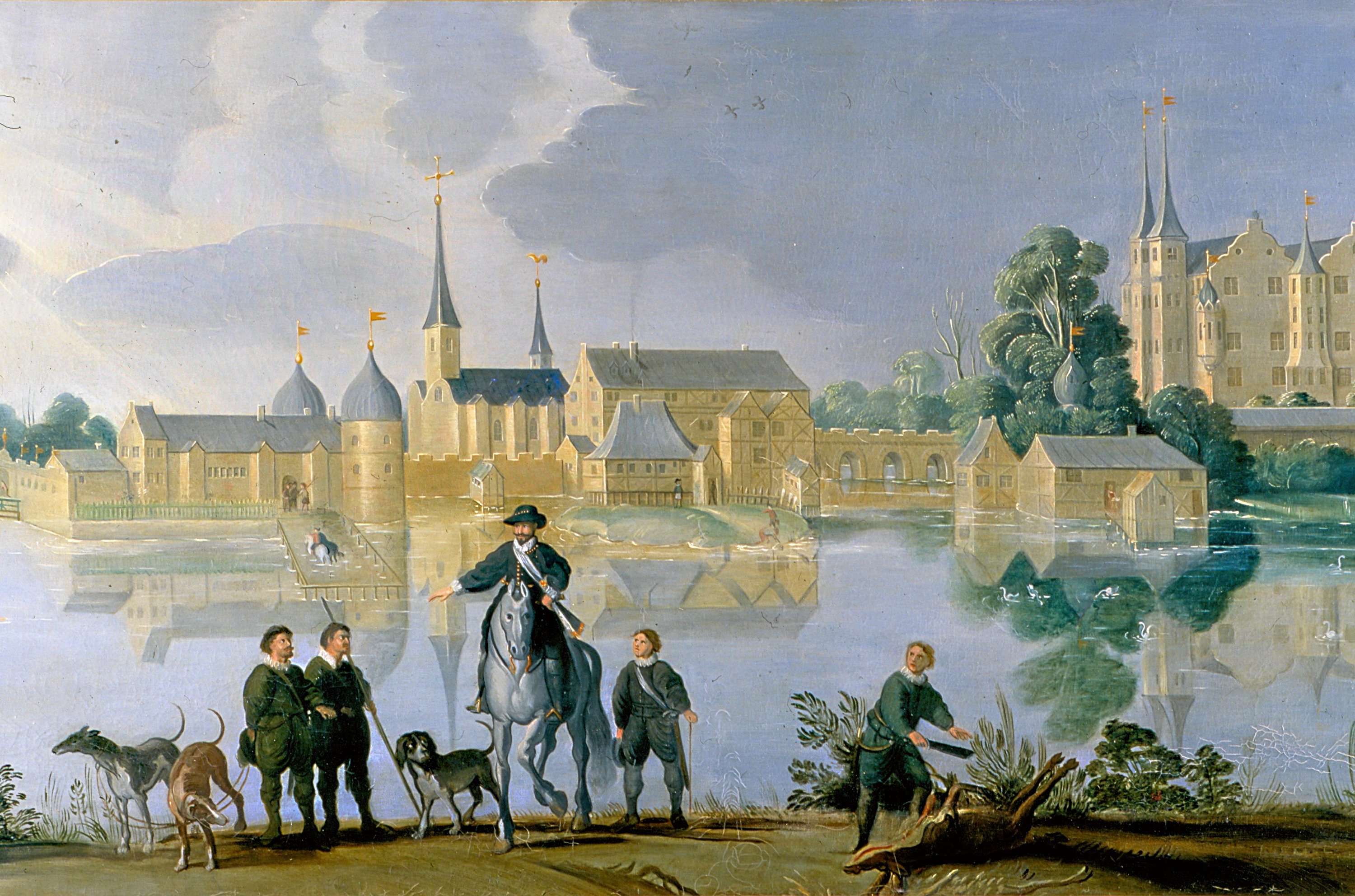 Årbogens forside er fra et maleri af Frederik 2 foran Frederiksborg Slot, ca. 1585.