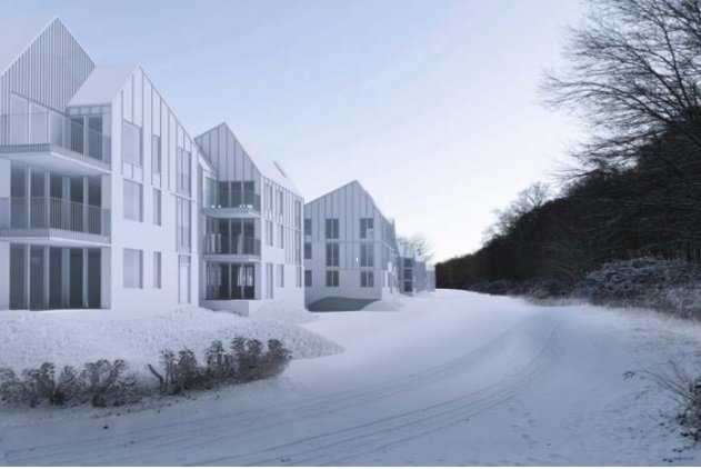 Den seneste visualisering af Sommarivabyen set langs skrænten for enden af Blokhusvej. Netop Blokhusvej bliver inddraget i en ny projektændring.