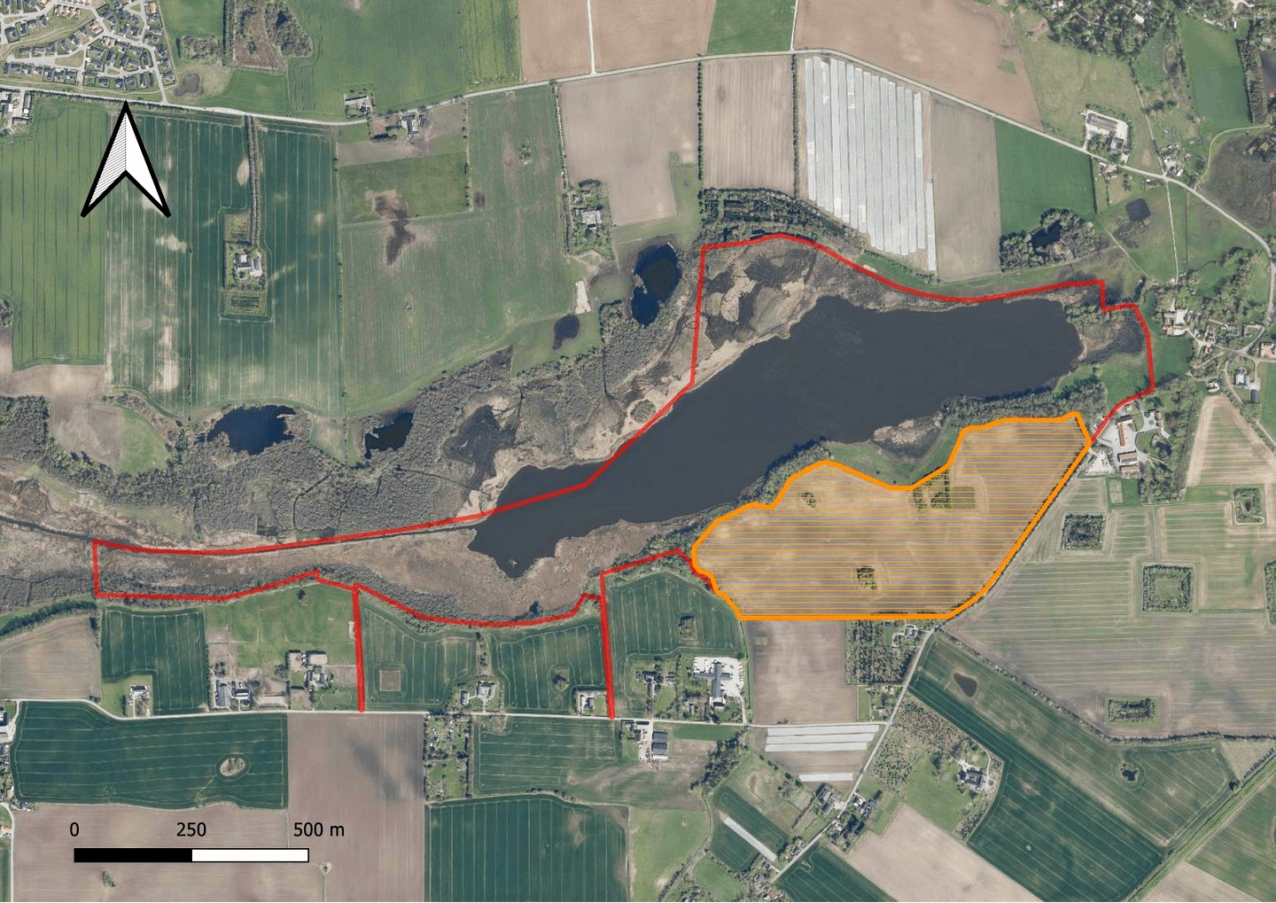 Det er området, der er tegnet ind på kortet med orange, som Fugleværnsfonden overtager ved Gundsømagle Sø. - Fugleværnsfonden Det er området, der er tegnet ind på kortet med orange, som Fugleværnsfonden overtager ved Gundsømagle Sø.
