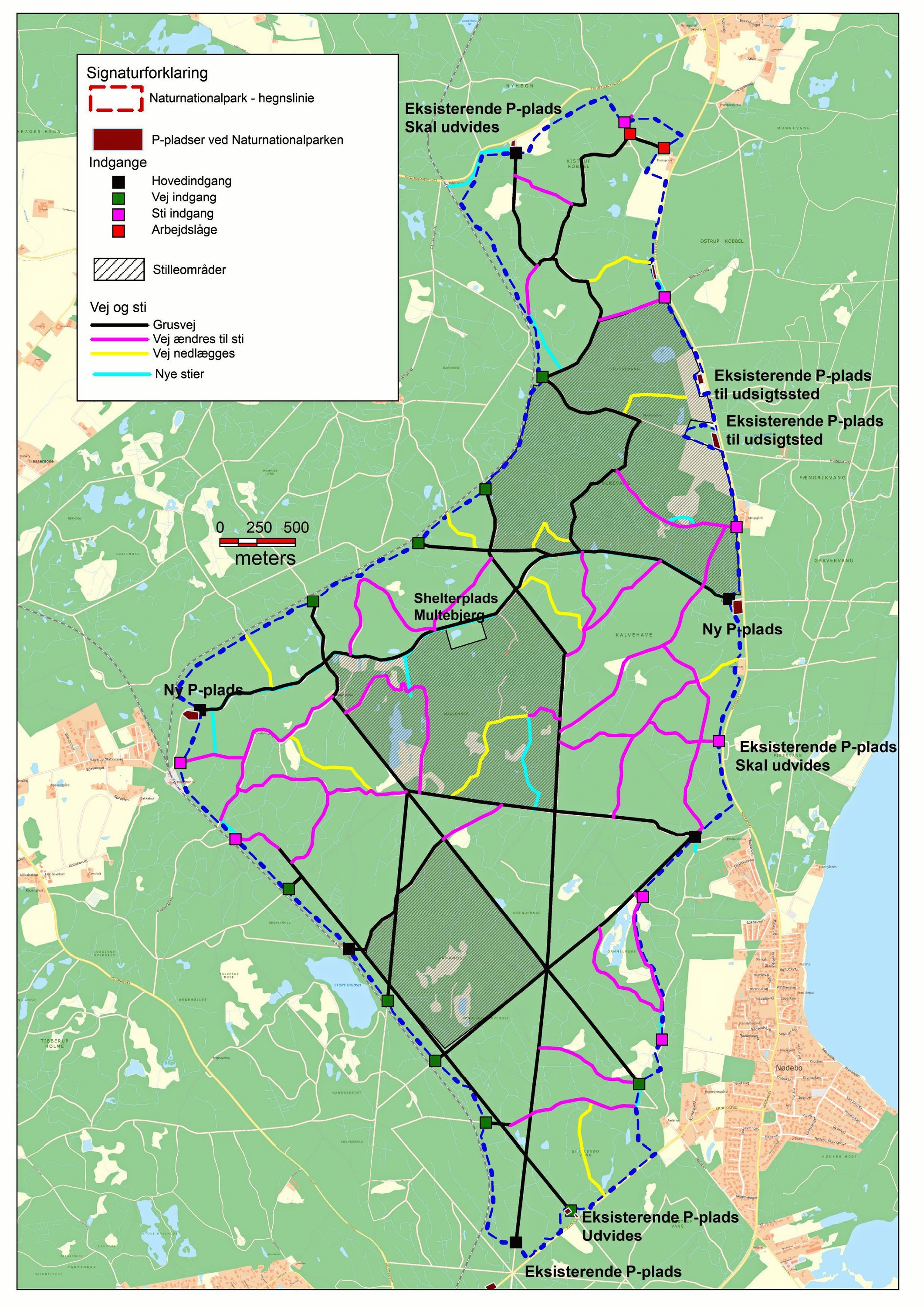 Naturnationalpark Gribskov med påtænkte nye stier, sløjfede veje og nye p-pladser