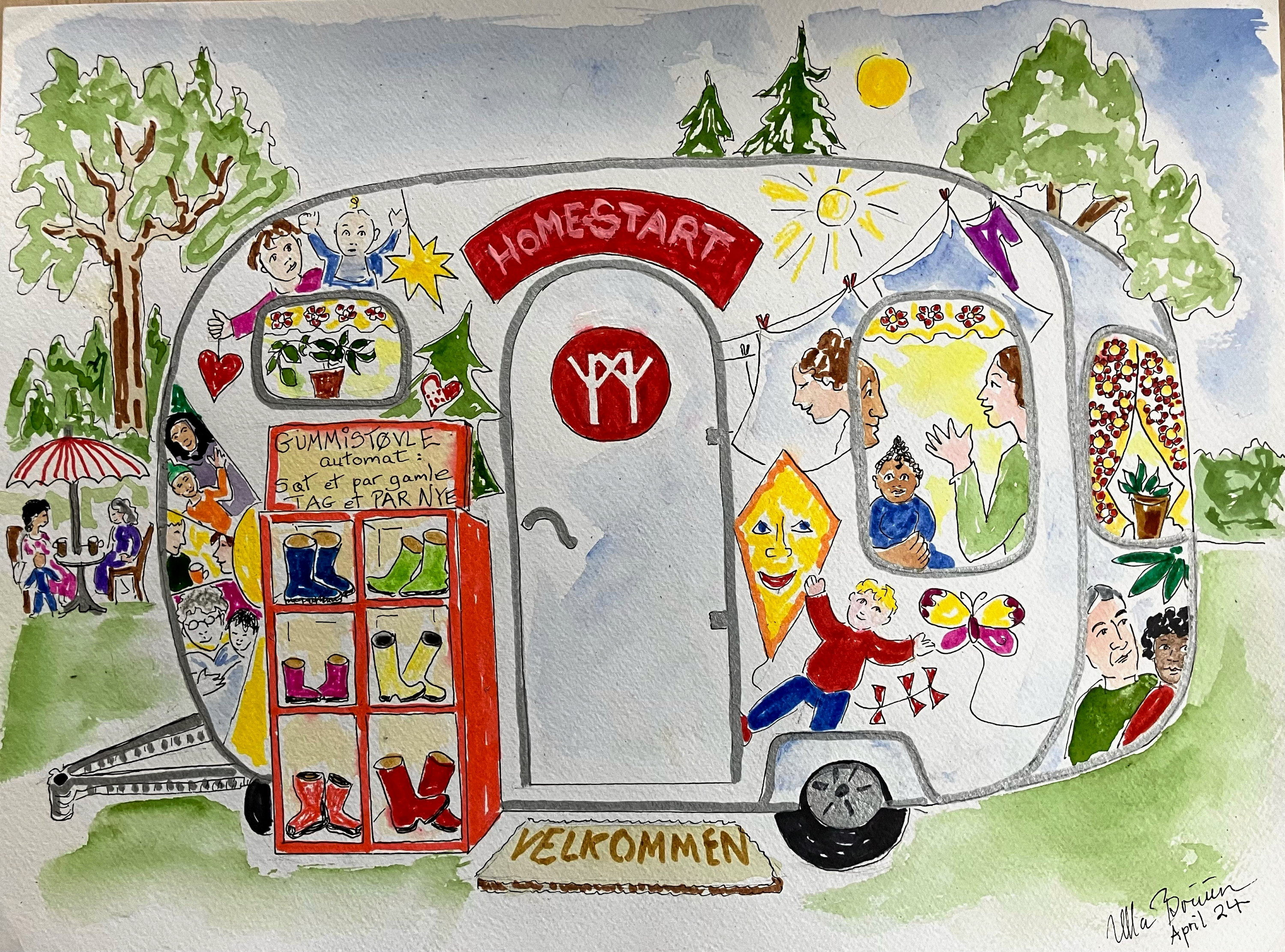 Den oprindelige tegning af Home-Starts nye rullende mødested med "gummistøvle"-automat. Tegningen er lavet af kunstneren Ulla Bruun, der også har været med til at dekorere campingvognen, og tegningen blev sendt sammen med en ansøgning til Nordeafonden, der bevilgede penge til projektet.