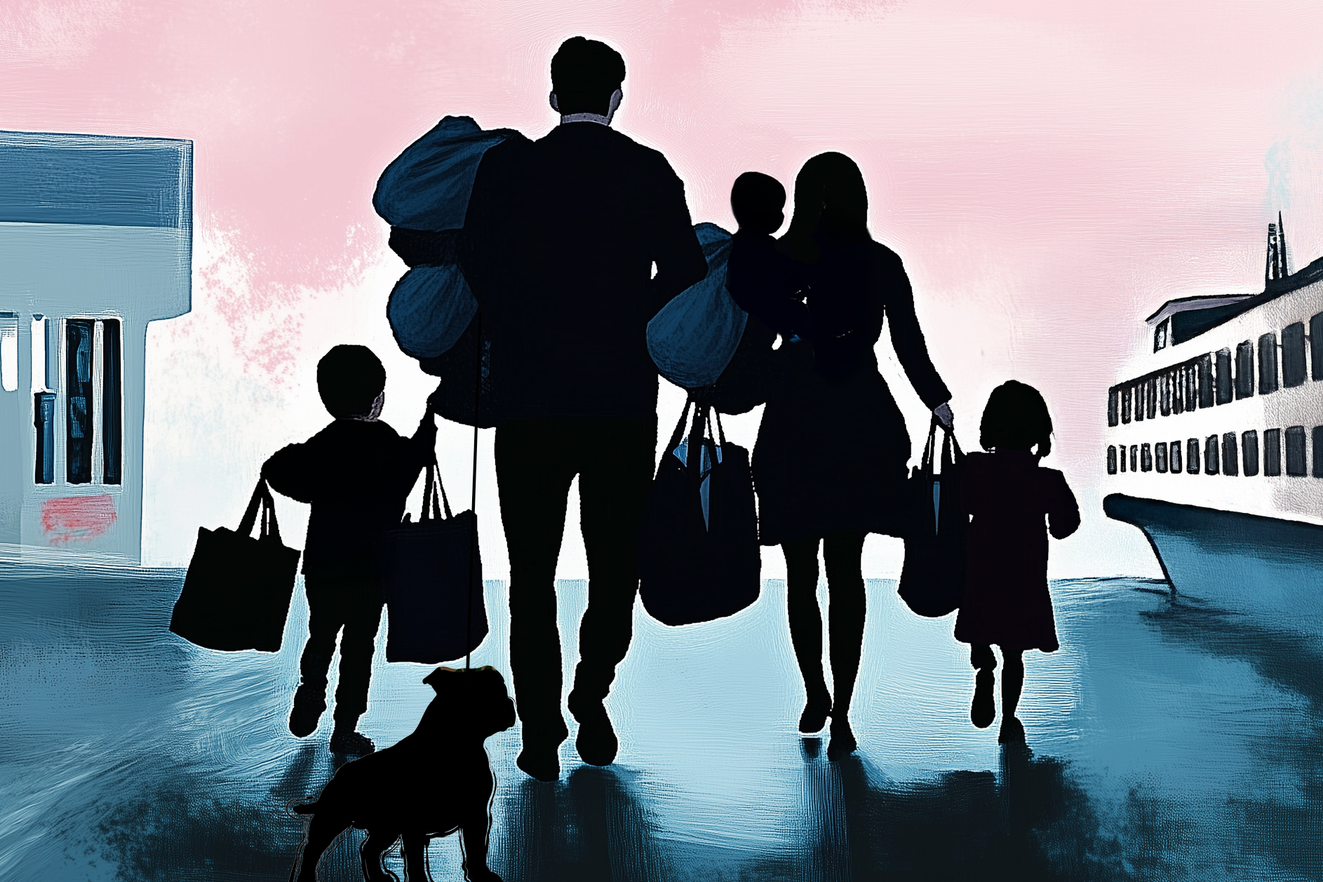 Efter en særlig mail tikker ind i Søren Grühls E-boks, drøner familien afsted til færgen ved Gedser. Illustration: Louise Nørhave