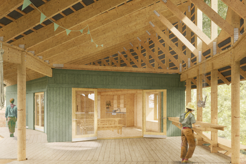 Sådan forestiller arkitekterne sig, at Fremtidens Spejderhytte kommer til at se ud i det store inde/ude-rum midt i huset. - Den A.P. Møllerske Støttefond Sådan forestiller arkitekterne sig, at Fremtidens Spejderhytte kommer til at se ud i det store inde/ude-rum midt i huset.