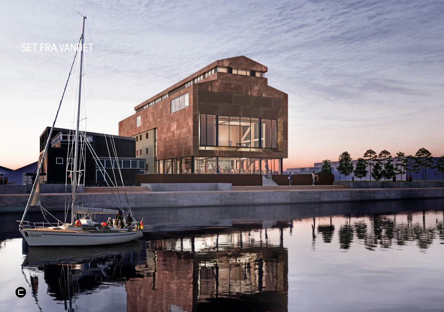 Visualisering af kulturhuset i Kalundborg Havnepark, som blandt andet skal indeholde bibliotek og en foredragssal med plads til 150 personer.