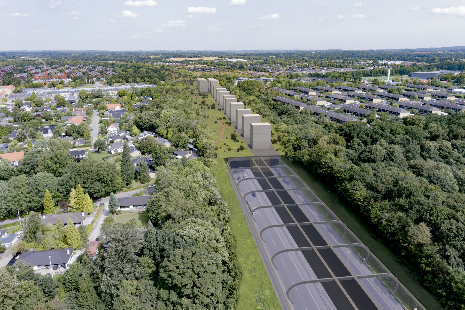 Sådan kunne en overdækning af Hillerødmotorvejen ved Farum se ud, men med transportministerens svar er muligheden for, det sker, mindsket markant.