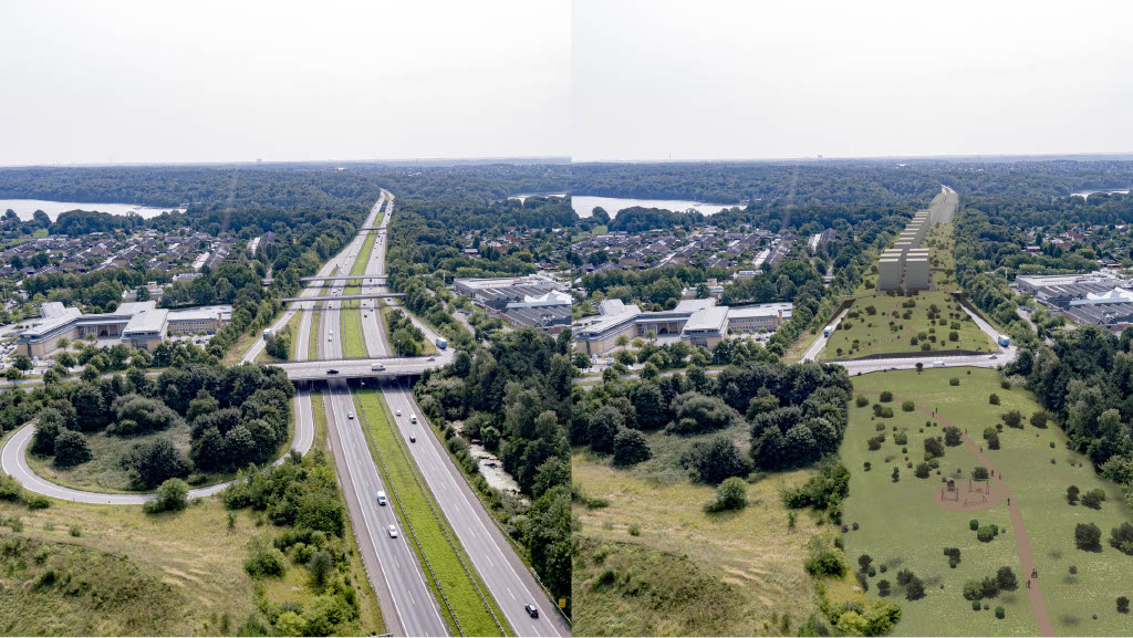 Til venstre: Luftfoto af Hillerødmotorvejen gennem Farum fra nord mod syd. Til højre: Visualisering af samme strækning med overdækning.