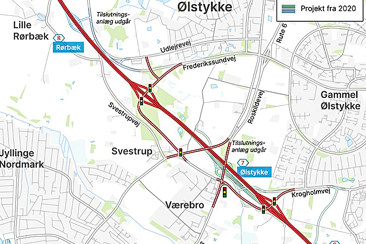 Det tidligere motorvejs-projekt og ændringerne fremgår af dette kort. Den største ændring, set med Egedal-briller, er at det planlagte rampeanlæg til af- og tilkørsel ændres til to mere overskuelige til- og frakørsler, nemlig tæt øst for A6 og længere østpå ved Svestrup.
