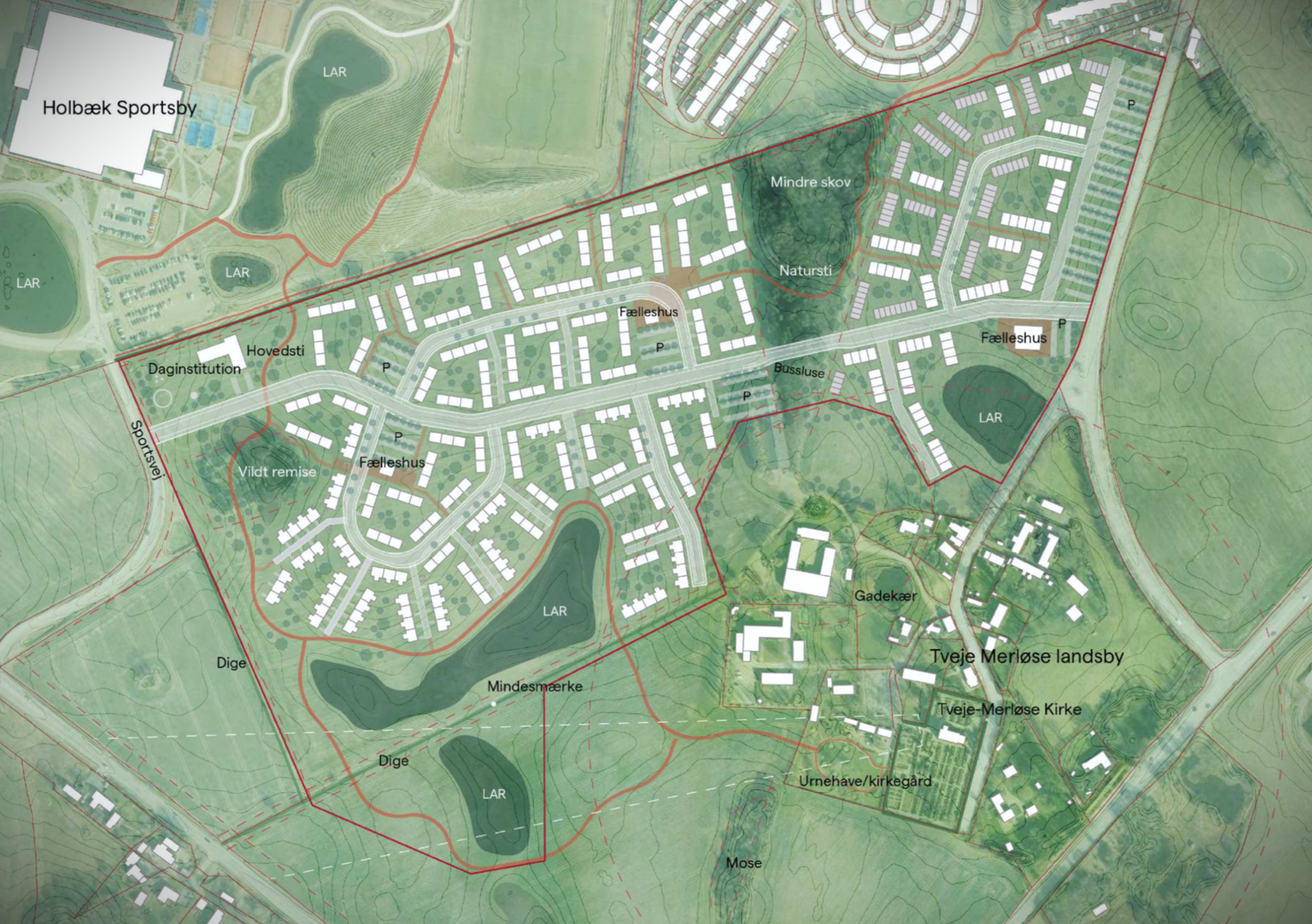Idéskitse for det ny boligområde mellem Tveje Merløse landsby og Holbæk Sportsby.