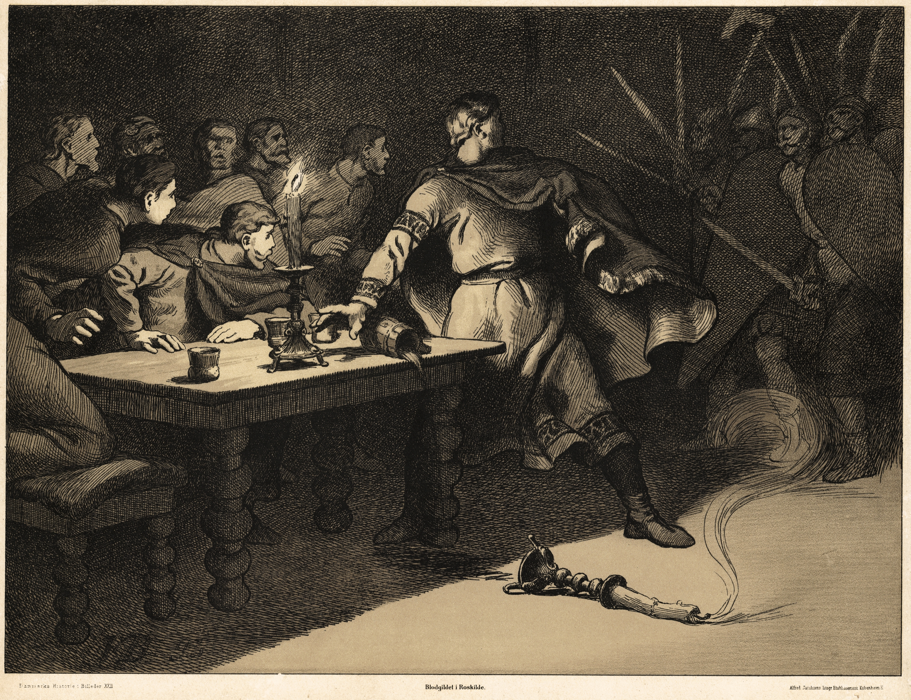 En illustration fra 1898 af Gustav Vilhelm Blom fremstiller de dramatiske begivenheder i 1157 i Roskilde, da Svend, Knud og Valdemar mødtes i fredeligt øjemed. Kort efter mødet var Svend og Knud døde, og Valdemar blev dansk konge. En illustration fra 1898 af Gustav Vilhelm Blom fremstiller de dramatiske begivenheder i 1157 i Roskilde, da Svend, Knud og Valdemar mødtes i fredeligt øjemed. Kort efter mødet var Svend og Knud døde, og Valdemar blev dansk konge.