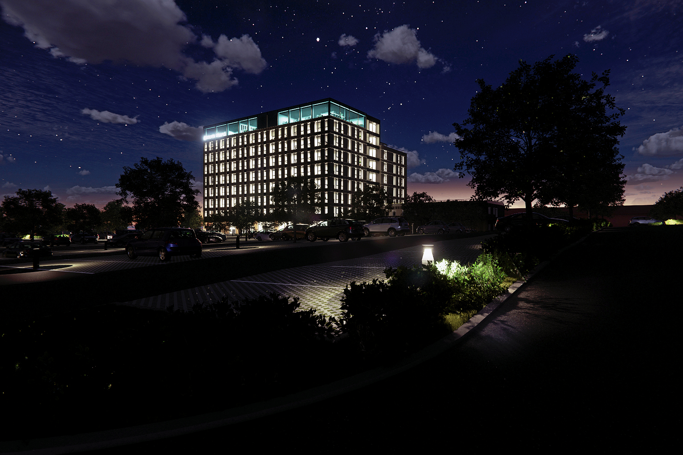 Visualisering af, hvordan Esbern Snare Hotel & Konferencecenter forventes at tage sig ud, når det står færdigt i 2028. Hotellet bliver på ni etager og indeholder konferencecenter, kontorhotel, restaurant og plads til 300 overnattende gæster.