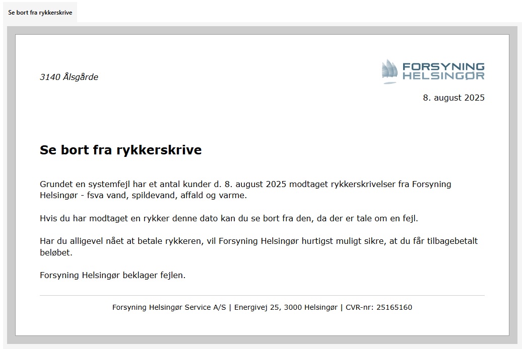 Forsyning Helsingør er gået i gang med at rydde op efter sig selv, blandt andet ved gennem e-Boks at bede de mange tusind kunder om at se bort fra fejlen.
