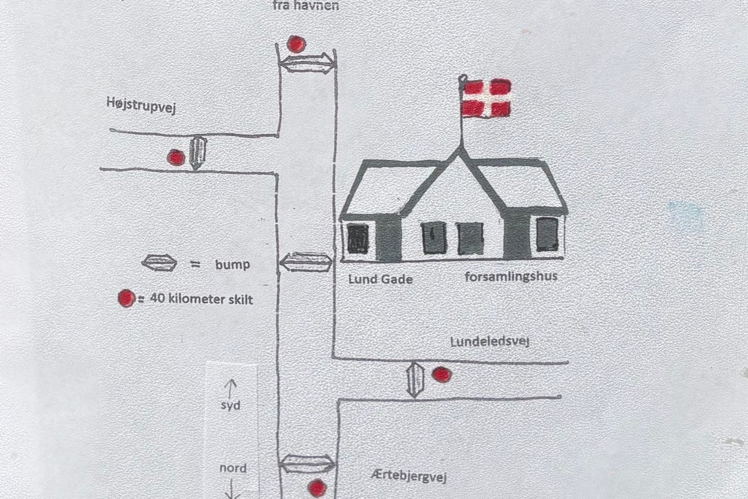 Mette Hedegaard har medsendt denne tegning over de ønskede trafiksikkerhedstiltag i Lund.