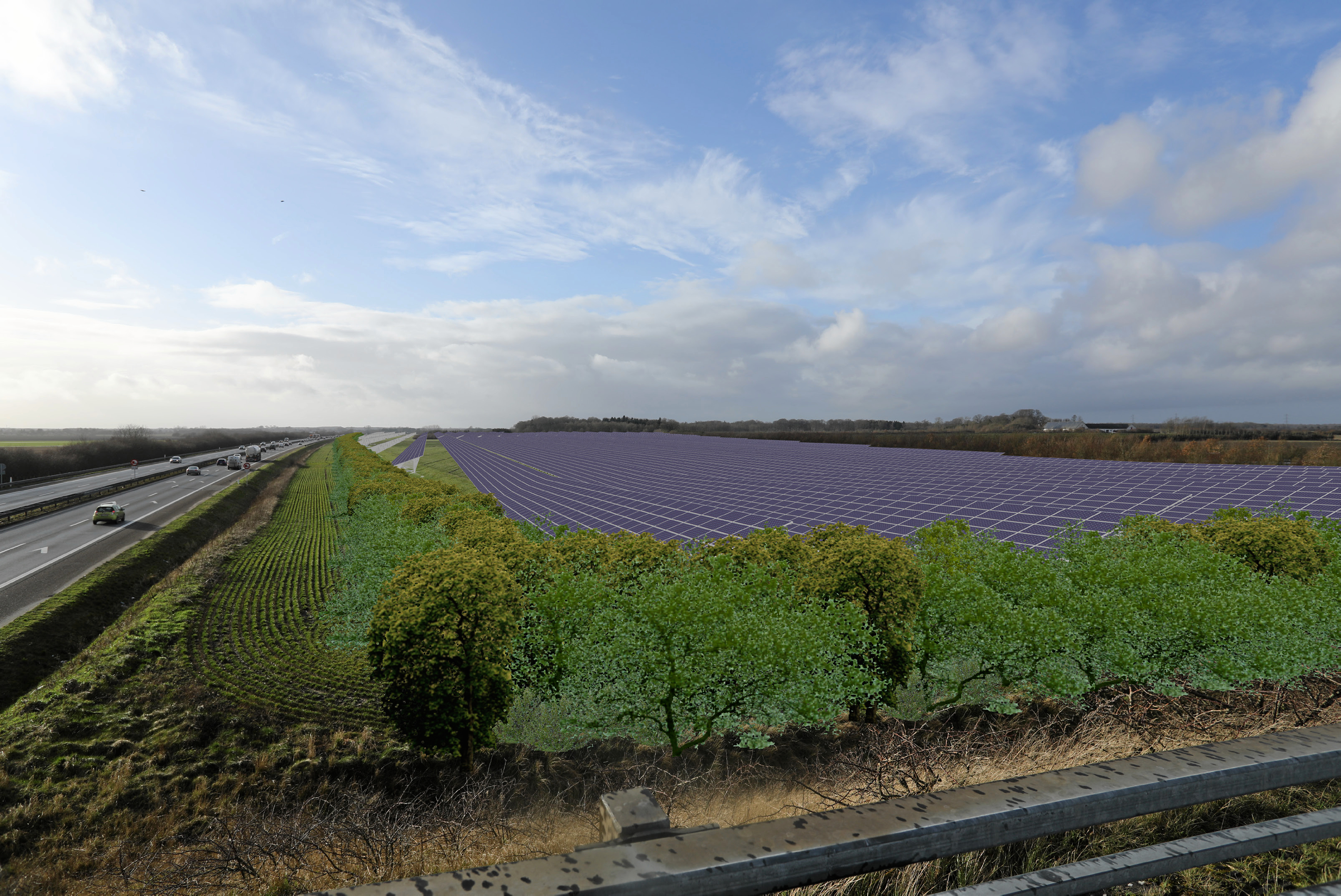 Illustration af Fjenneslev Solcellepark set i vestlig retning fra motorvejsbroen på Brohusevej ved Fjenneslev, nær Sorø på Sjælland.