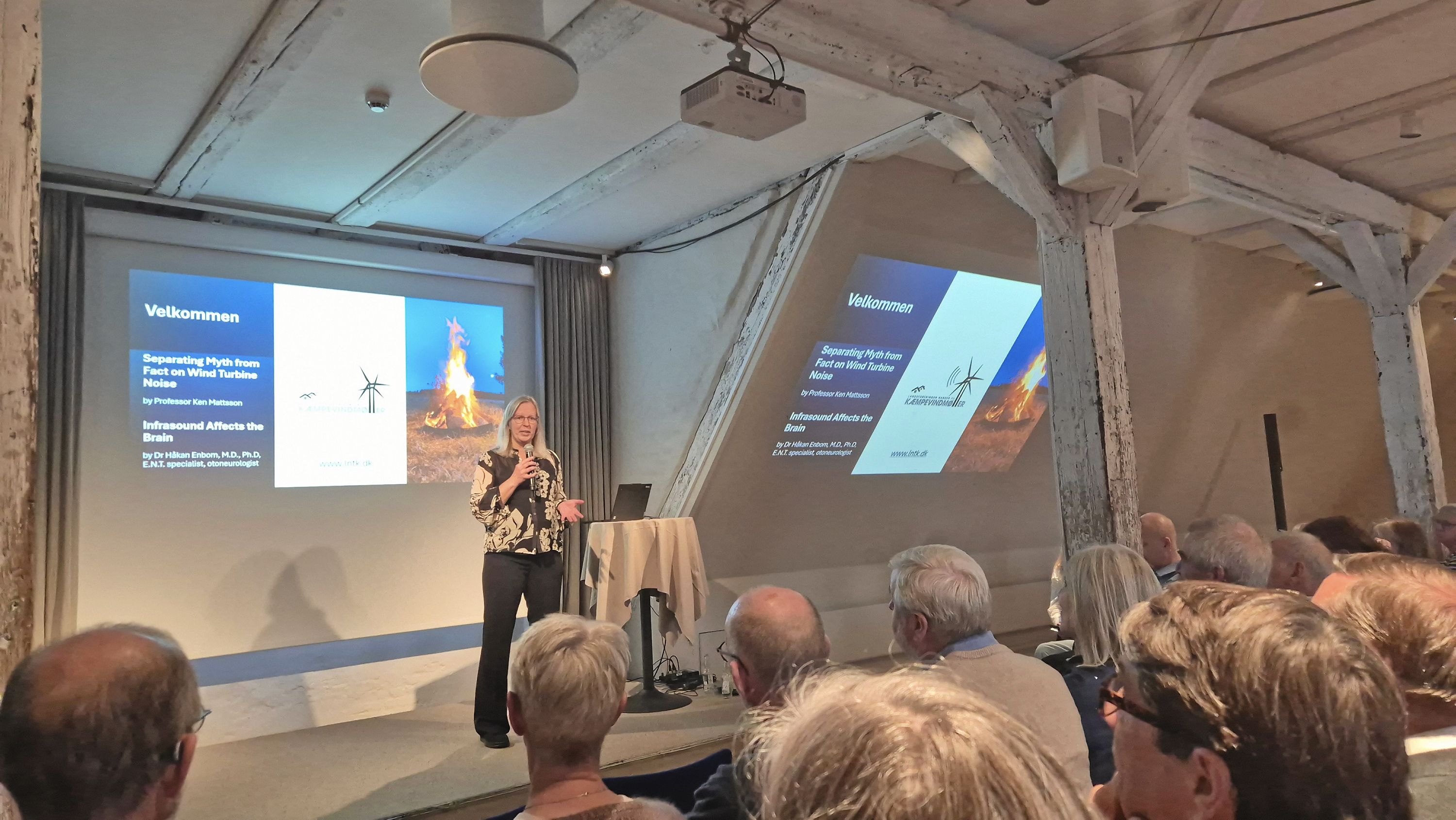 Modstanden mod store VE-projekter på landet er voksende og for nylig delte lokale Randi Lintrup ud af erfaringerne med kampen mod Energipark Vallø. Billedet er netop fra et oplæg hun og borgergruppen arrangerede for at belyse væsentlige aspekter omkring vindmøllestøj.
