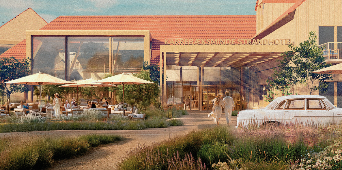 Det gamle kursuscenter skal forvandles til et 4-stjernet strandhotel. Sådan kommer indgangspartiet til at se ud.