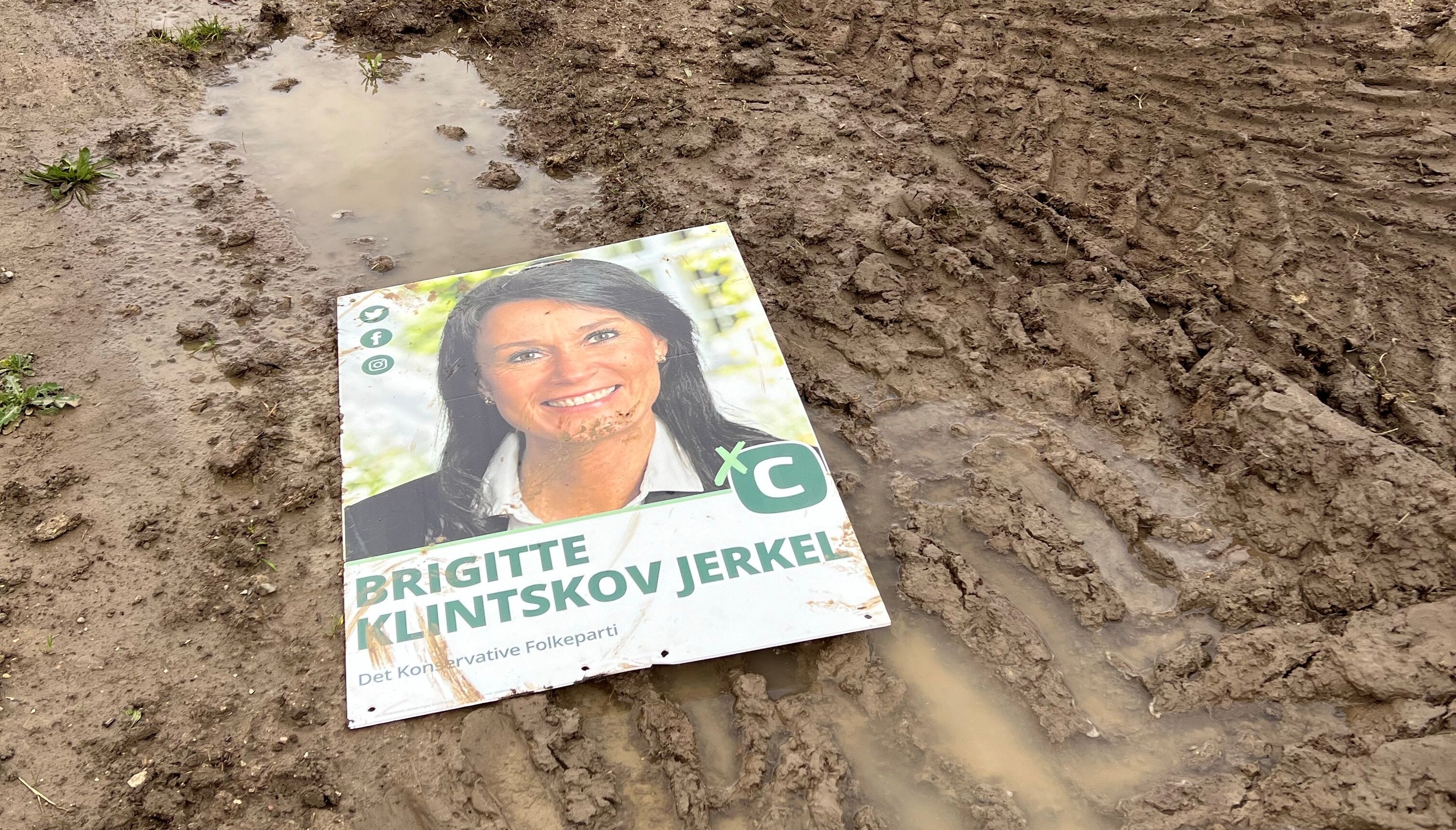 Flere konservative valgplakater blev i weekenden spredt på en mark.