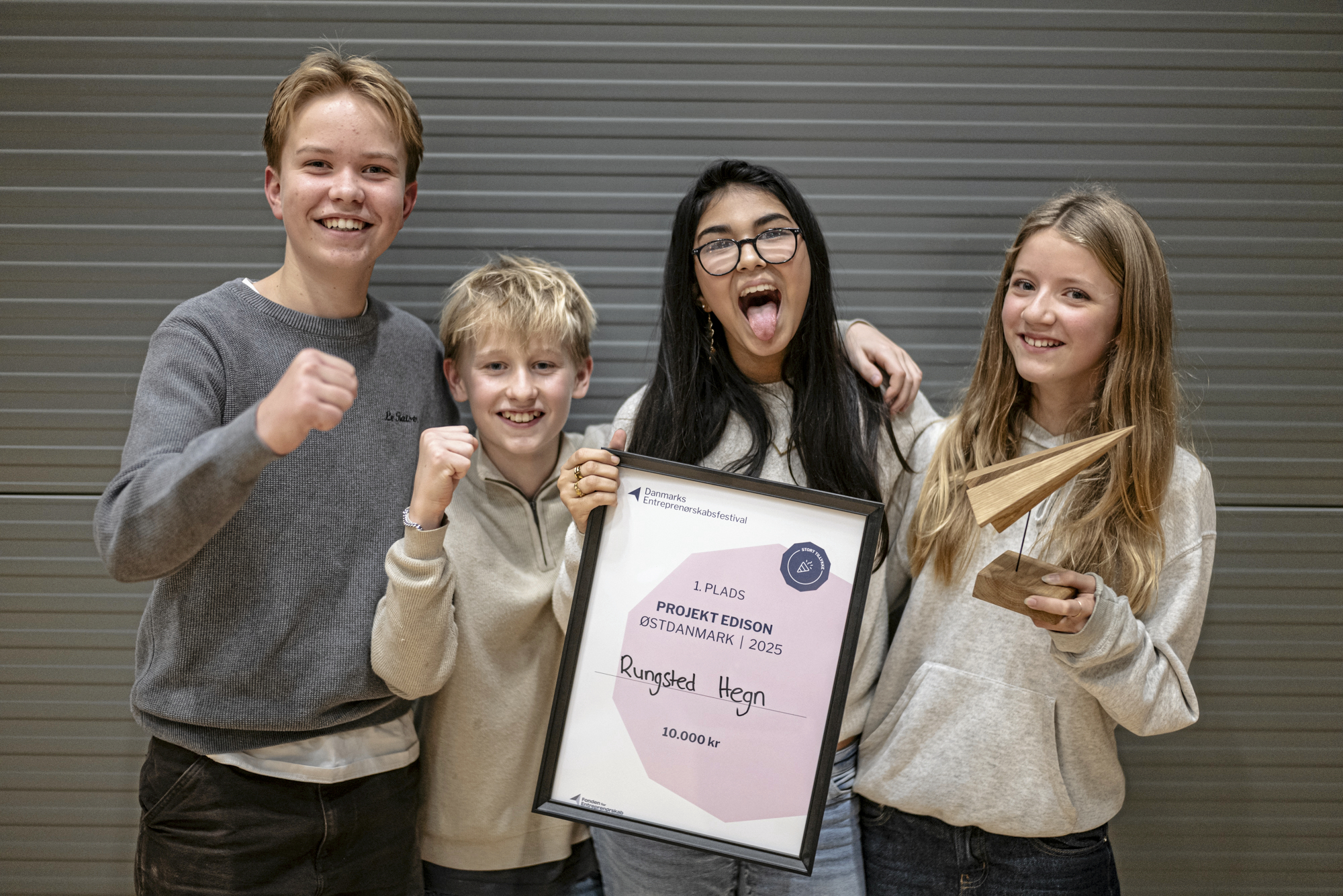Julius, August, Elika og Marie fra 7. klasse på Rungsted Skole har vundet førsteplads i landsfinalen i entreprenørkonkurrence.