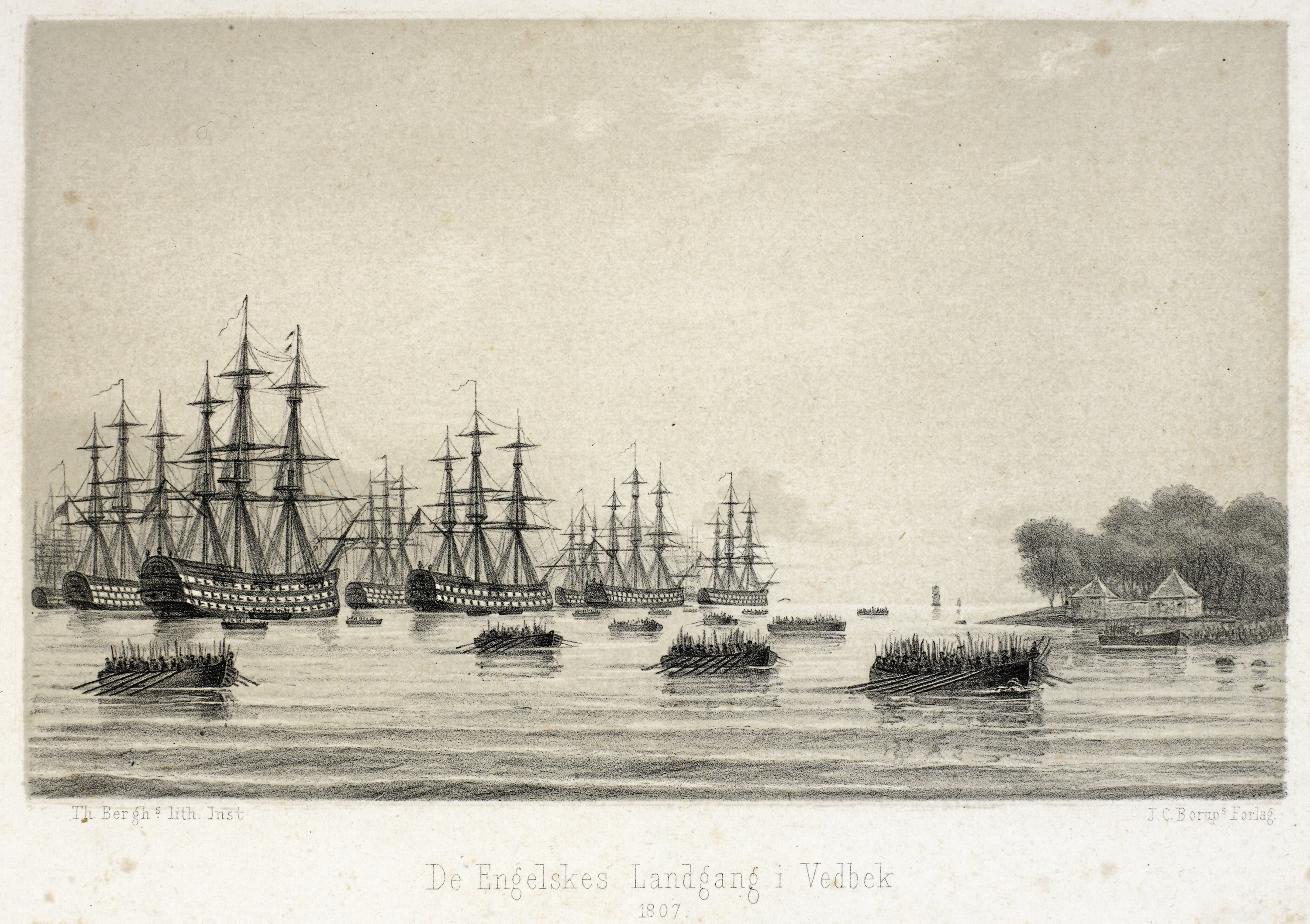 Senere tegning af den britiske landgang i Nordsjælland (ved Vedbæk) i 1807.