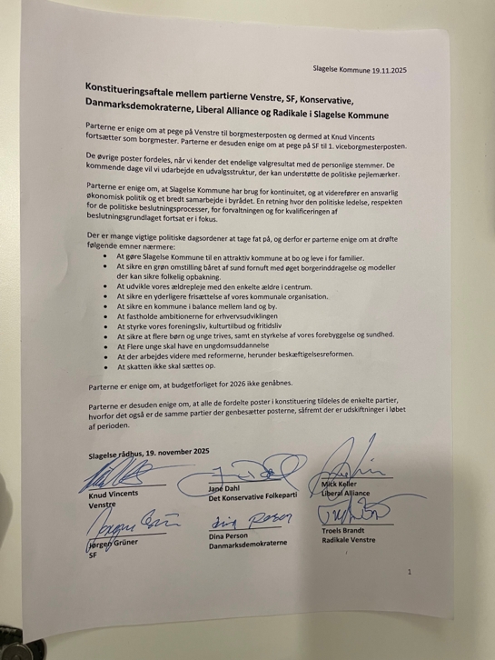 Sådan ser aftalen mellem partierne, der udgør flertallet bag Knud Vincents (V) som borgmester. - Privat Sådan ser aftalen mellem partierne, der udgør flertallet bag Knud Vincents (V) som borgmester.