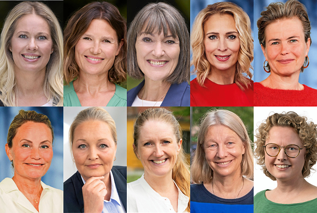 De ti kvinder i Hørsholm Kommunalbestyrelse er øverst fra venstre: Maj Allin Thorup (K), Charlotte Kirchheiner (K), Annette Wiencken (V), Ann Lindhardt (V) Fie Smith (V), Dorte Holst (V), Maria Dahl (LA), Stine Pagh (R), Anne Ehrenreich (LAE) og Louise Zabel (SF).
