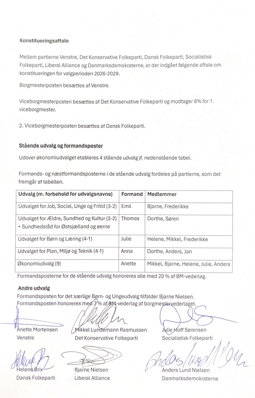 Anette Mortensen (V), Mikkel Lundemann (K), Julie Hoff Sørensen (SF), Helene Brix (DF), Bjarne Nielsen (LA) og Anders Lund Nielsen (Danmarksdemokraterne) har nu underskrevet en konstitueringsaftale for et 13-6-flertal i den nye stevnske kommunalbestyrelse fra 2026.