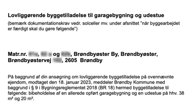 Af den lovliggørende byggetilladelse fremgår det, at udestuen måler 20 kvadratmeter, mens garagen udgør et areal på 38 kvadrameter. Af den lovliggørende byggetilladelse fremgår det, at udestuen måler 20 kvadratmeter, mens garagen udgør et areal på 38 kvadrameter.