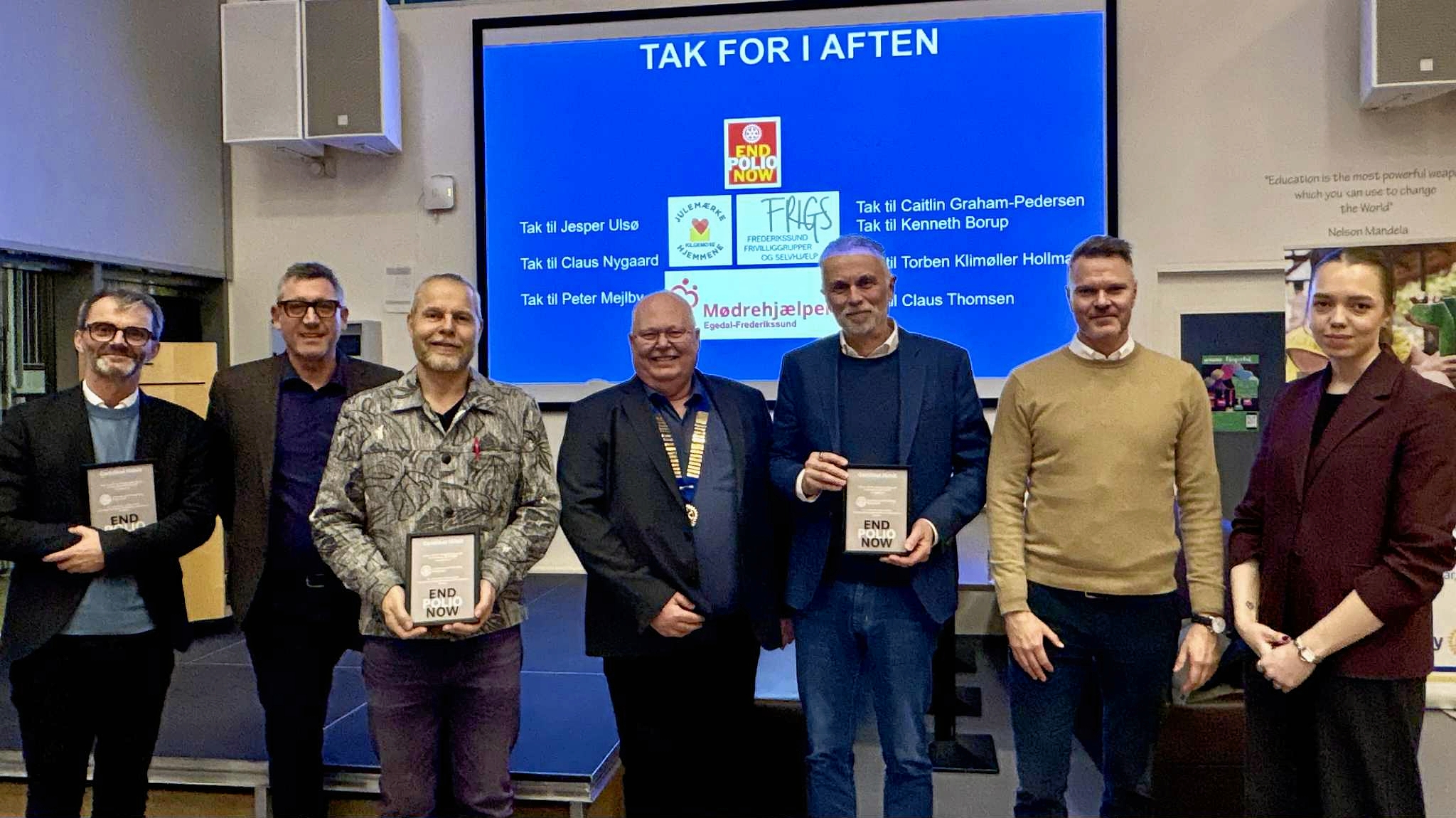 Alle aftenens talere sammen med Rotary-klubbens præsident, Henrik Toft. - Privat Alle aftenens talere sammen med Rotary-klubbens præsident, Henrik Toft.