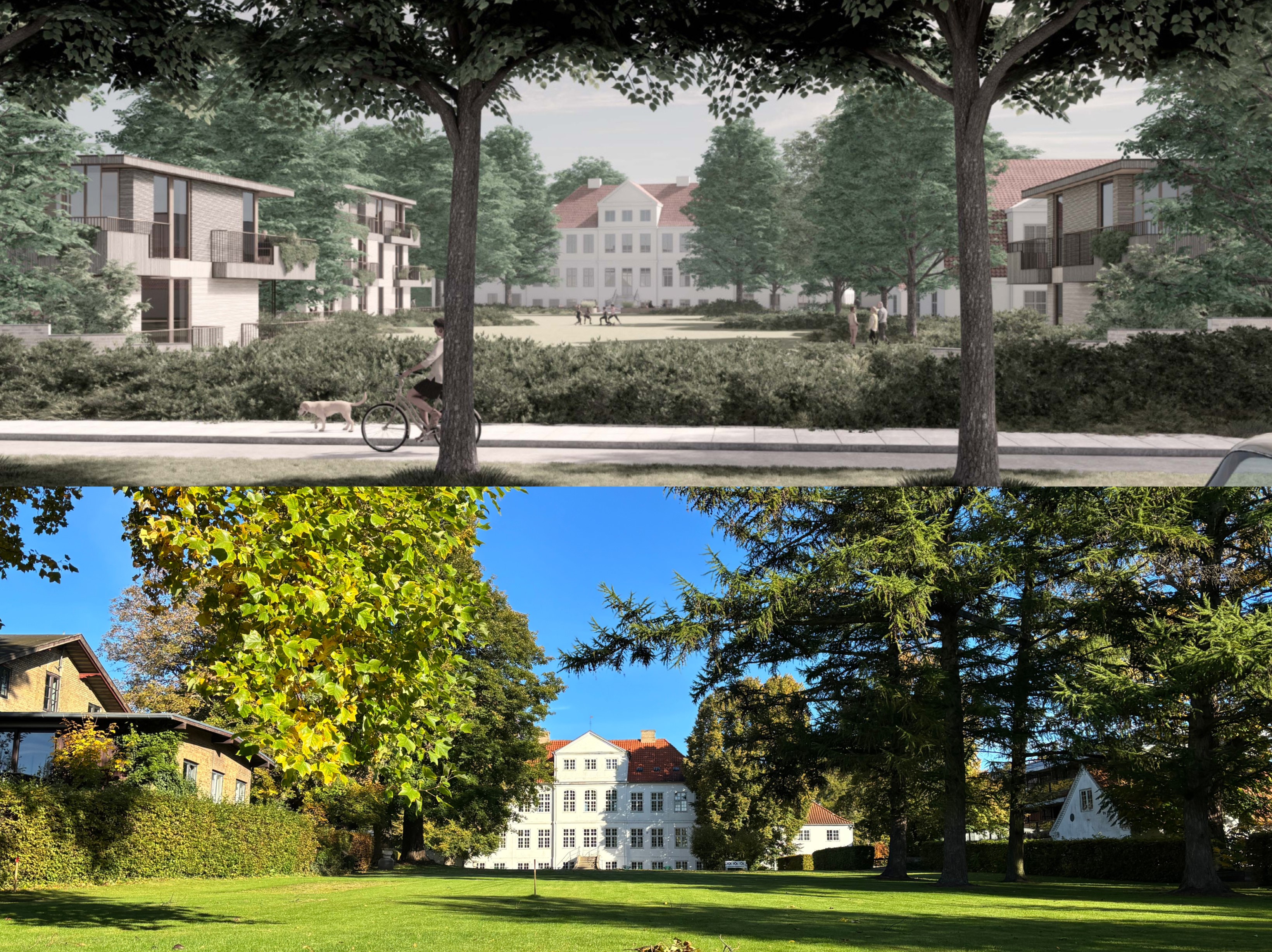 Øverst ses det nye boligprojekt ved Jægersborg Allé. Nederst, hvordan området ser ud i dag.