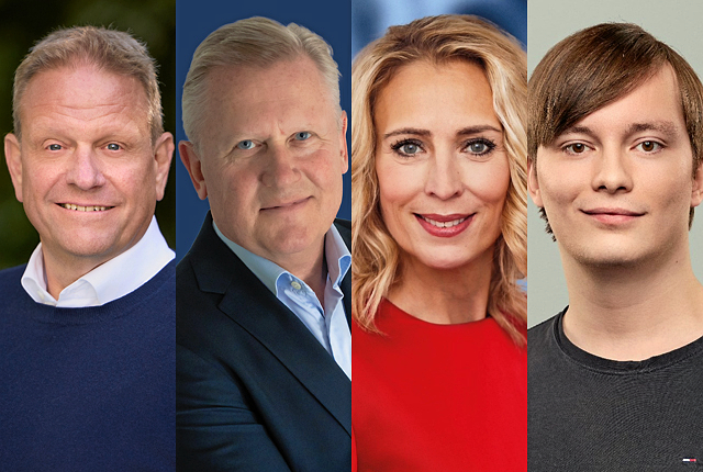 De fire politikere - til sammen KLAVS-konstitueringen - er fra venstre borgmester Morten Slotved (K), viceborgmester Bent Christensen (LA), 2. viceborgmester Ann Lindhardt (V) og gruppeformand Marcus Guldager (S). Spørgsmålet om en skattestigning truer nu samarbejdet.