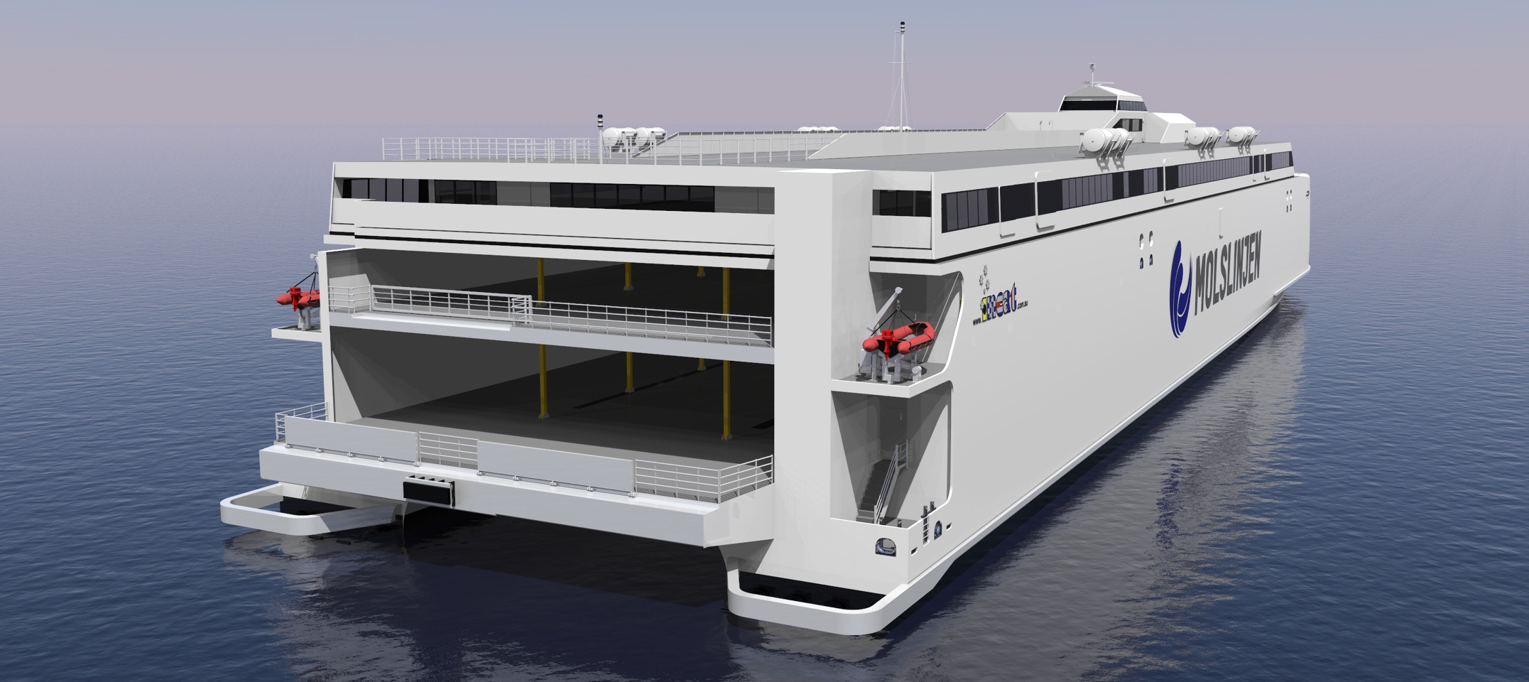 Molslinjens elektriske mega-katamaraner kan rumme 500 biler. - Incat Tasmania Molslinjens elektriske mega-katamaraner kan rumme 500 biler.