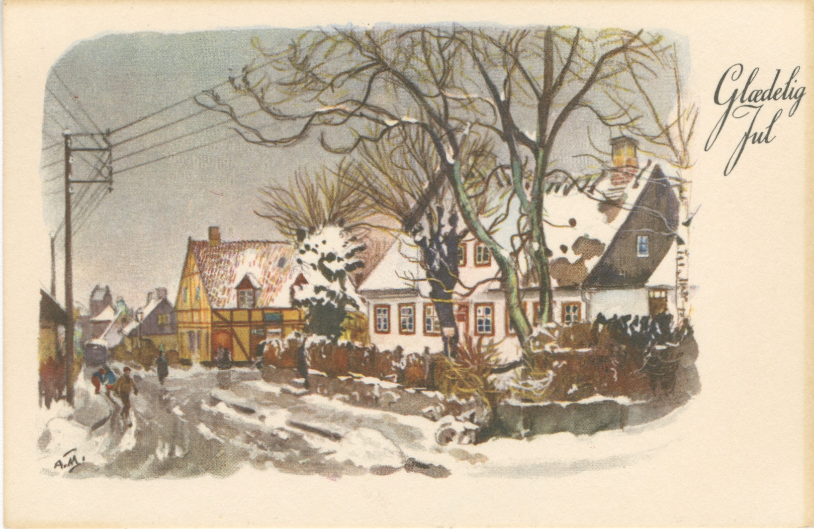 Julepostkort med motiv fra Bondebyen, tegnet af Axel Mathiesen, ca. 1960.