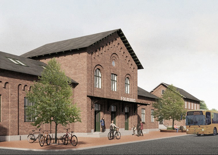 Stationsbygningen i Skælskør, som den KAN komme til at se ud.