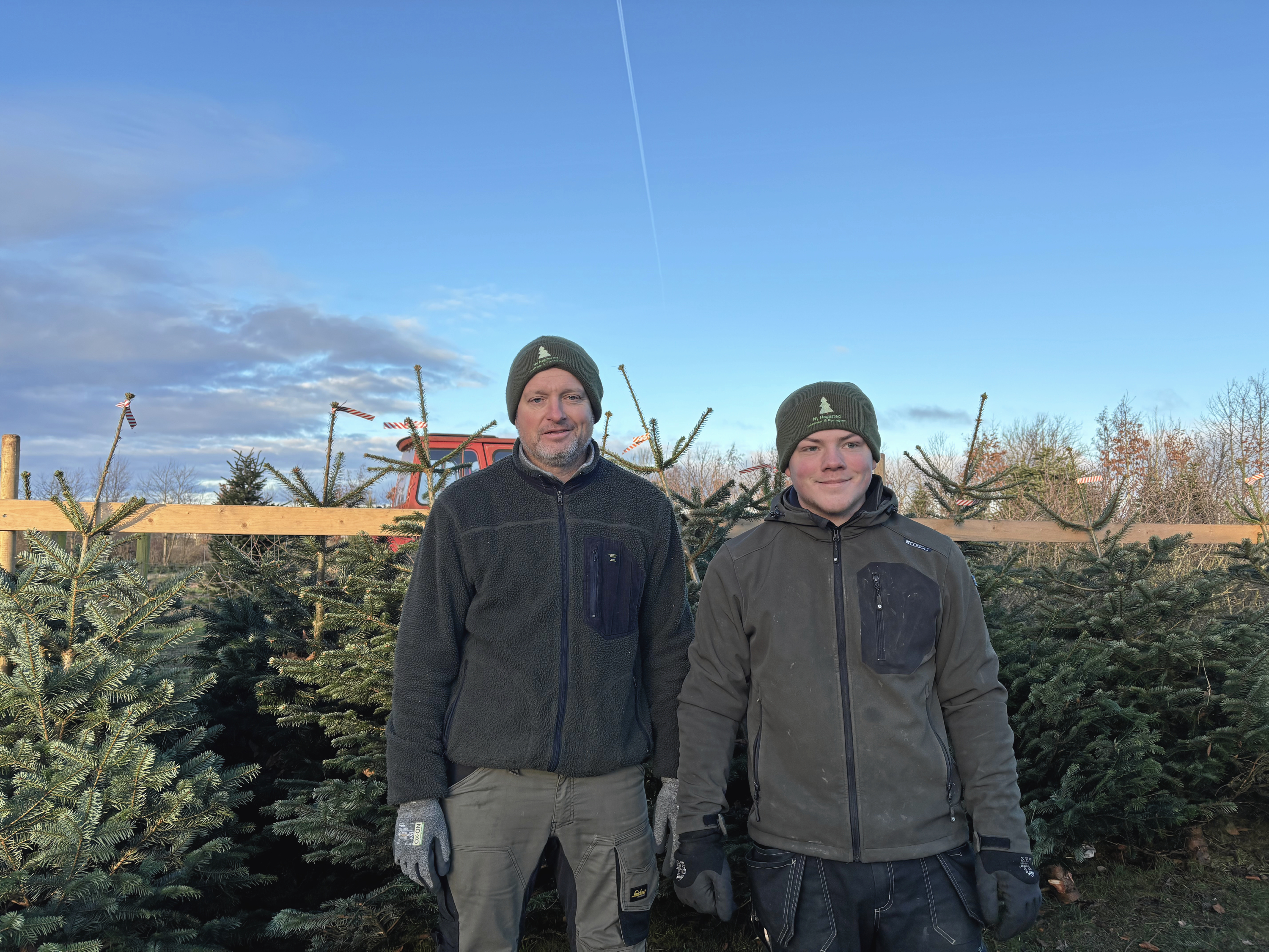 Juletræssælger Jesper Bøje Pedersen og hans hjælper Mikkel Christoffersen.