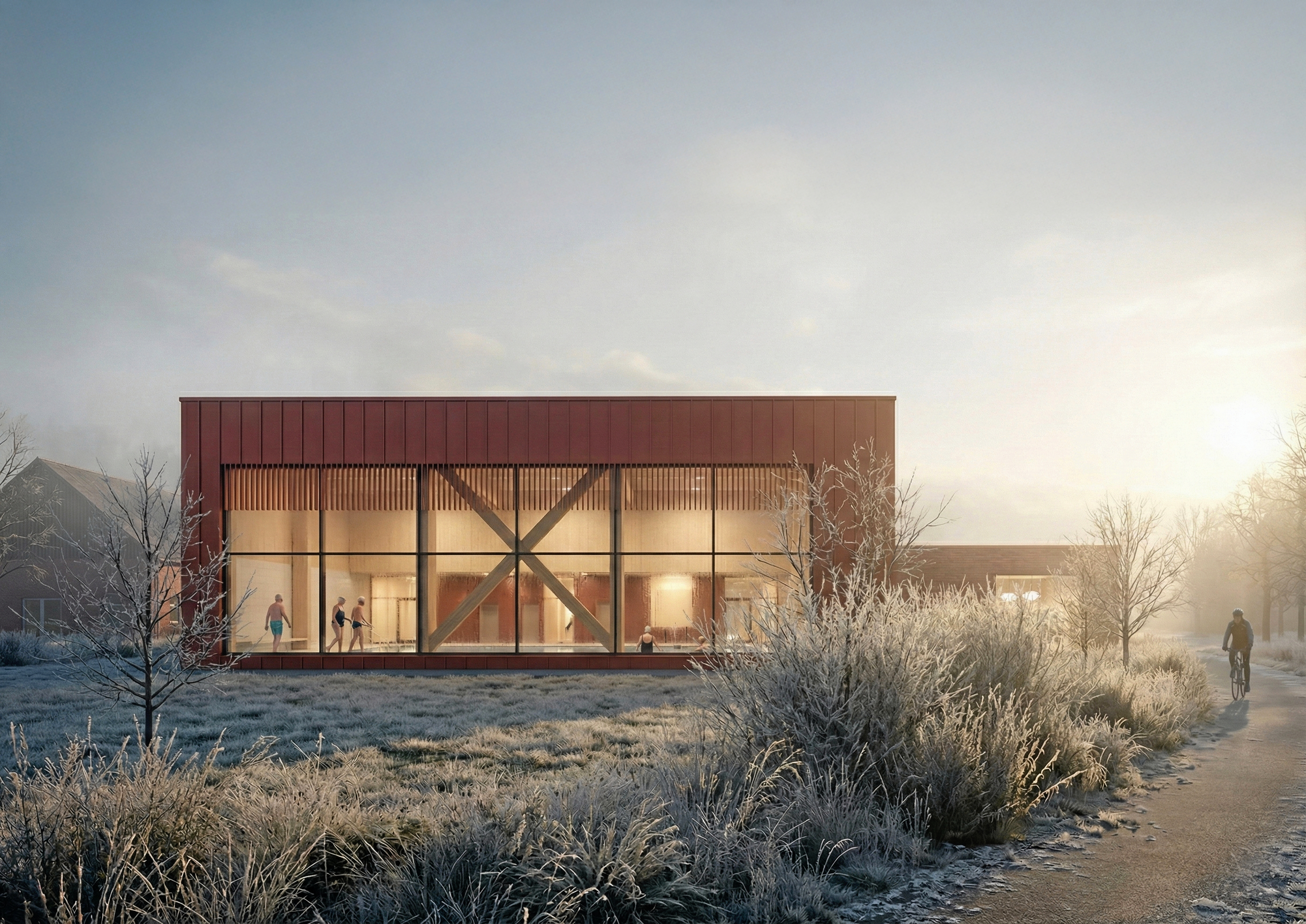 Drømmen om en ny svømmehal i Gørlev er nu rykket et stort skridt nærmere. Kalundborg Kommune har nemlig indgået aftale med Sweco Architects om at være totalrådgiver på projektet. Illustrationen her viser, hvordan hallens bagside tænkes at tage sig ud i virkeligheden.