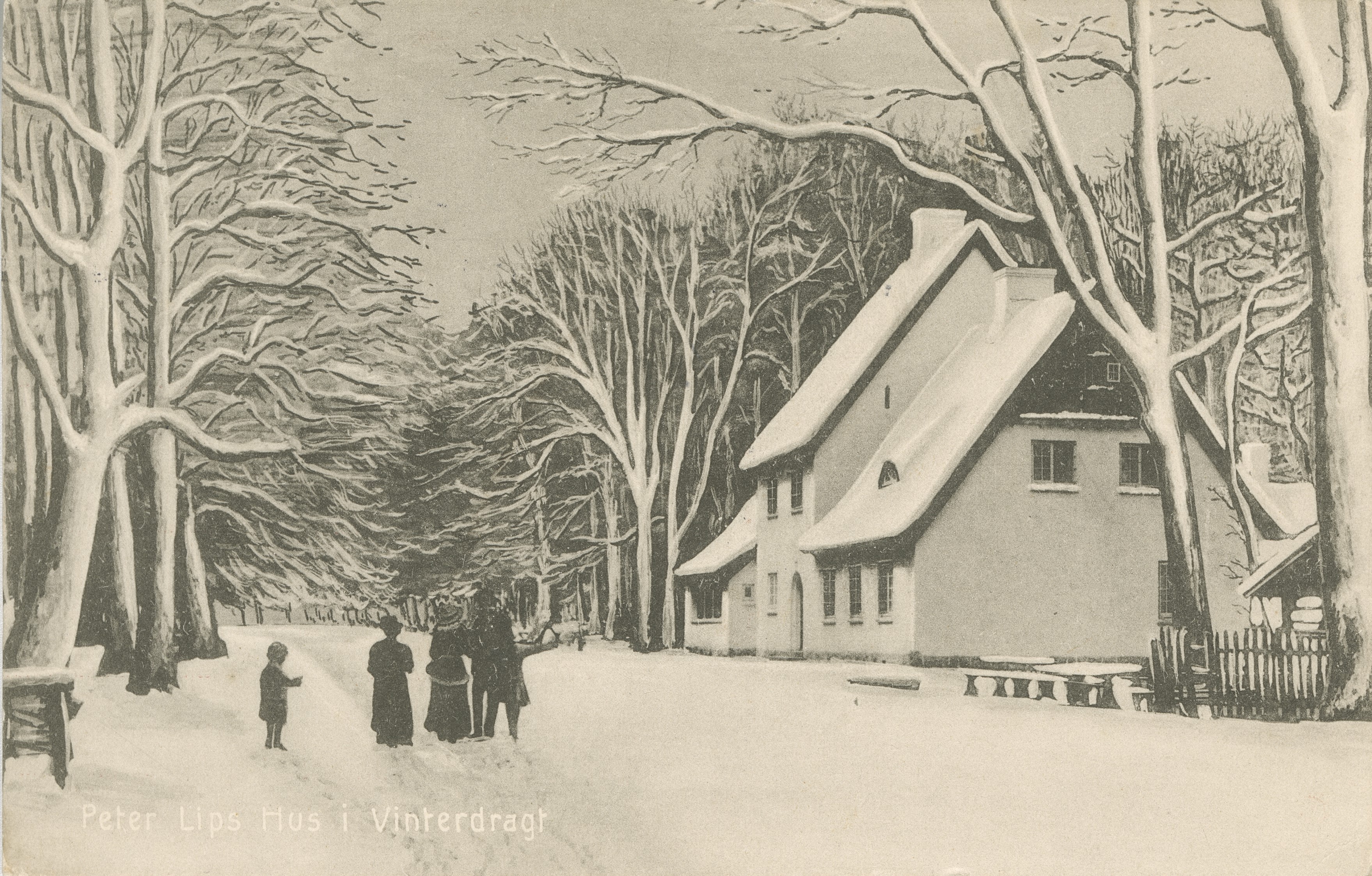 Postkort af Peter Lieps Hus i vinterdragt, ca. 1917.