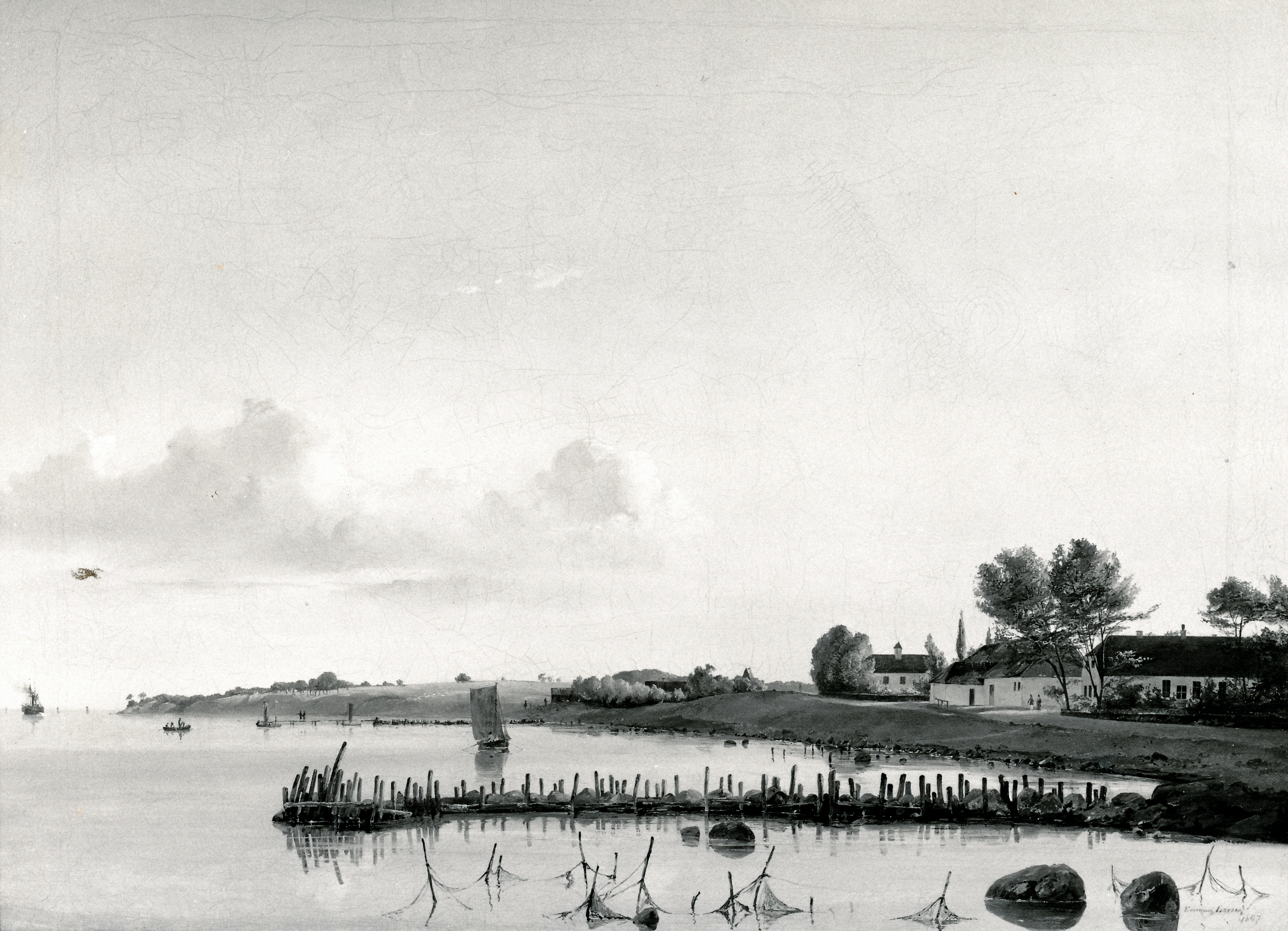 Foto af maleri af Rungsted Fiskerleje 1847, malet af marinemaleren Emanuel Larsen.