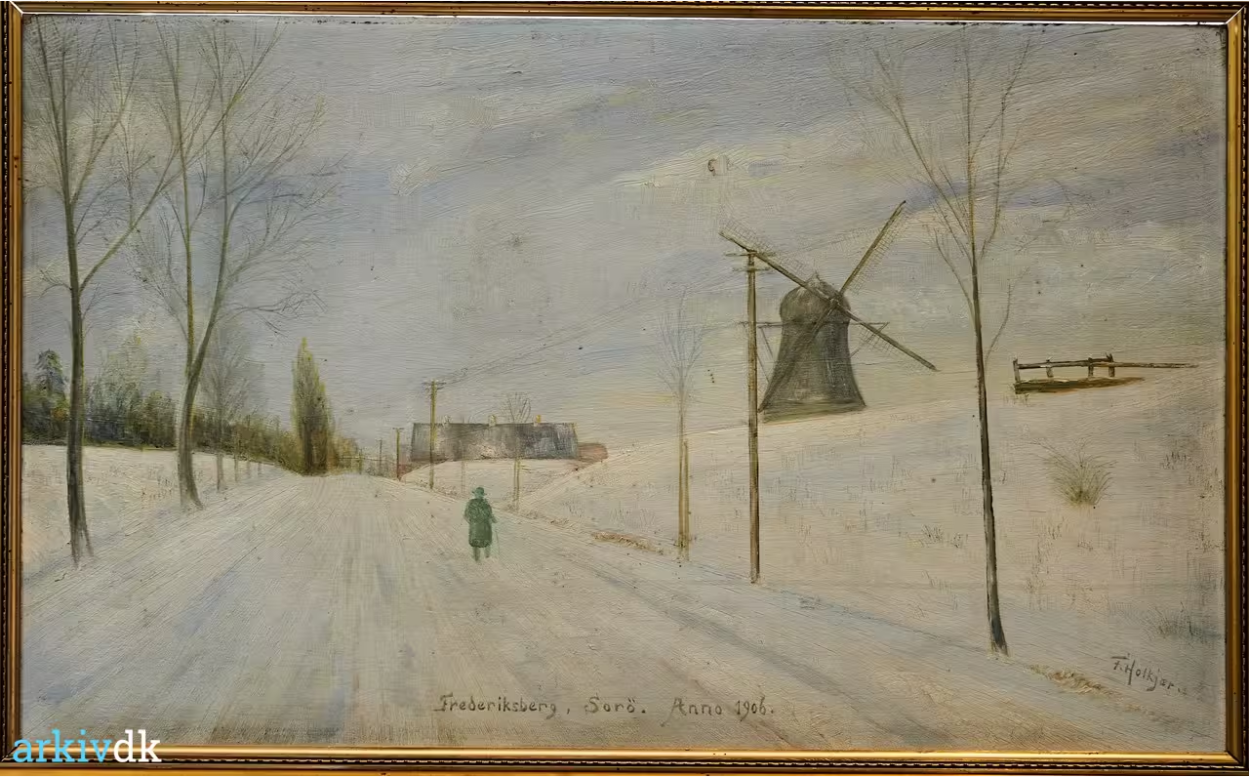 Møllegården bagerst, som Vesthhuset nu er i, hørte til Frederiksberg Mølle på toppen af bakken. Maleri: F. Holkjær, 1906.