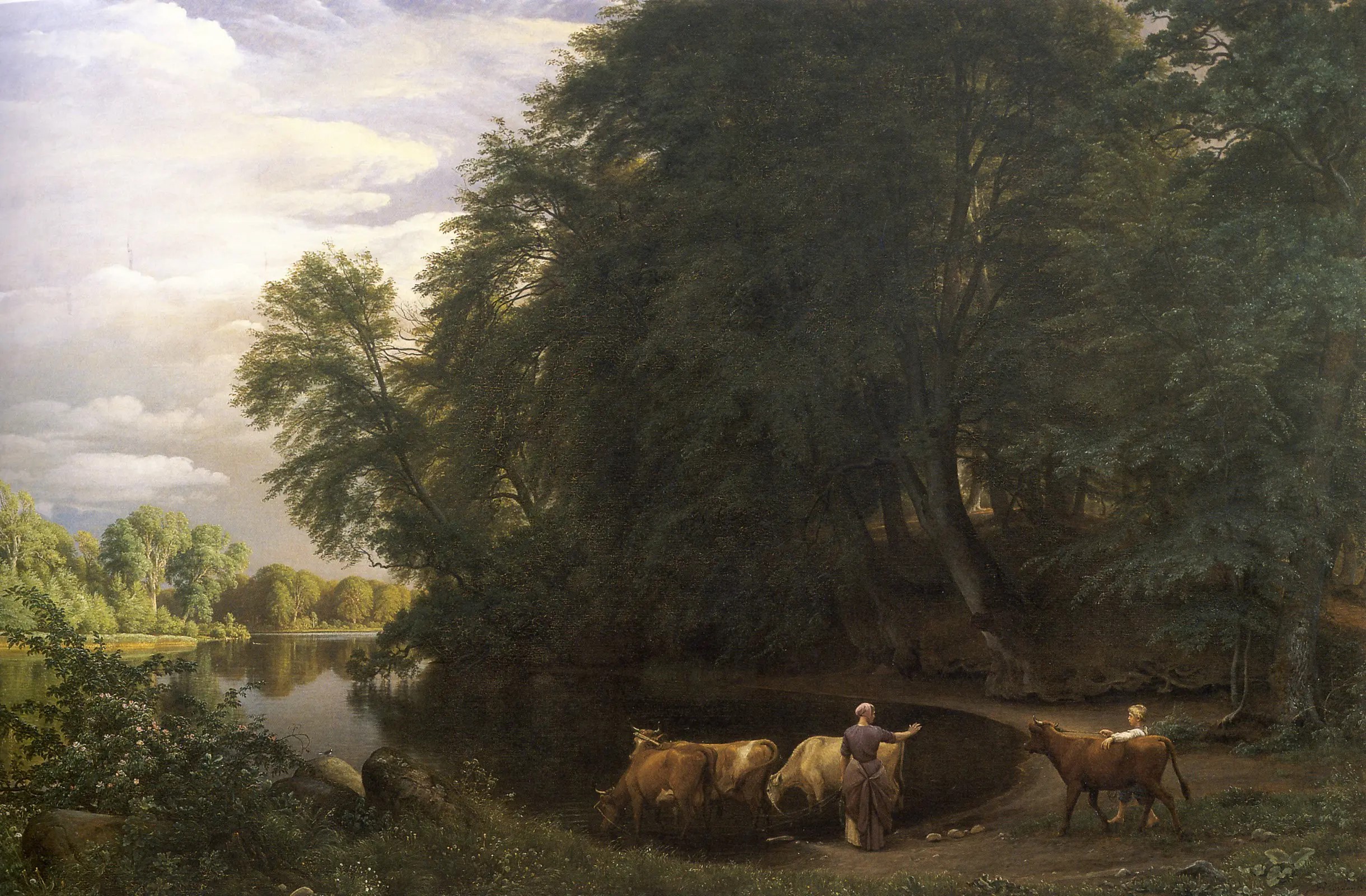 Her ses P.C. Skovgaards maleri ”Sommereftermiddag ved indsø” fra 1859, malet fra netop Bøssemagergadesvinget ved Bondedammen. Maleriet måler imponerende 190x270 cm, og kan opleves på Nivågårds Malerisamling. – Det er præcis der hvor køerne står, at hegnet foreslås placeret.