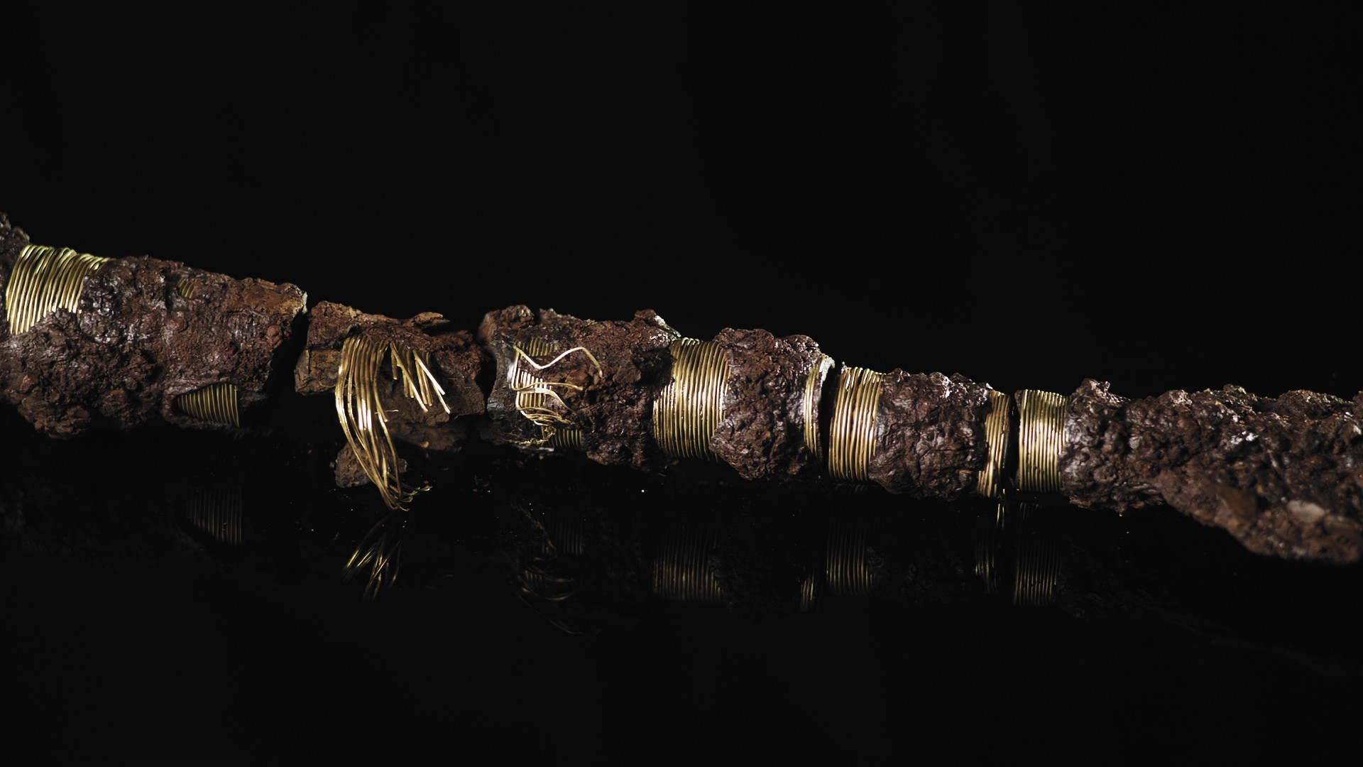 Billedet er af den ene af de guldbelagte jernlanser, som blev fundet ved udgravningen.
